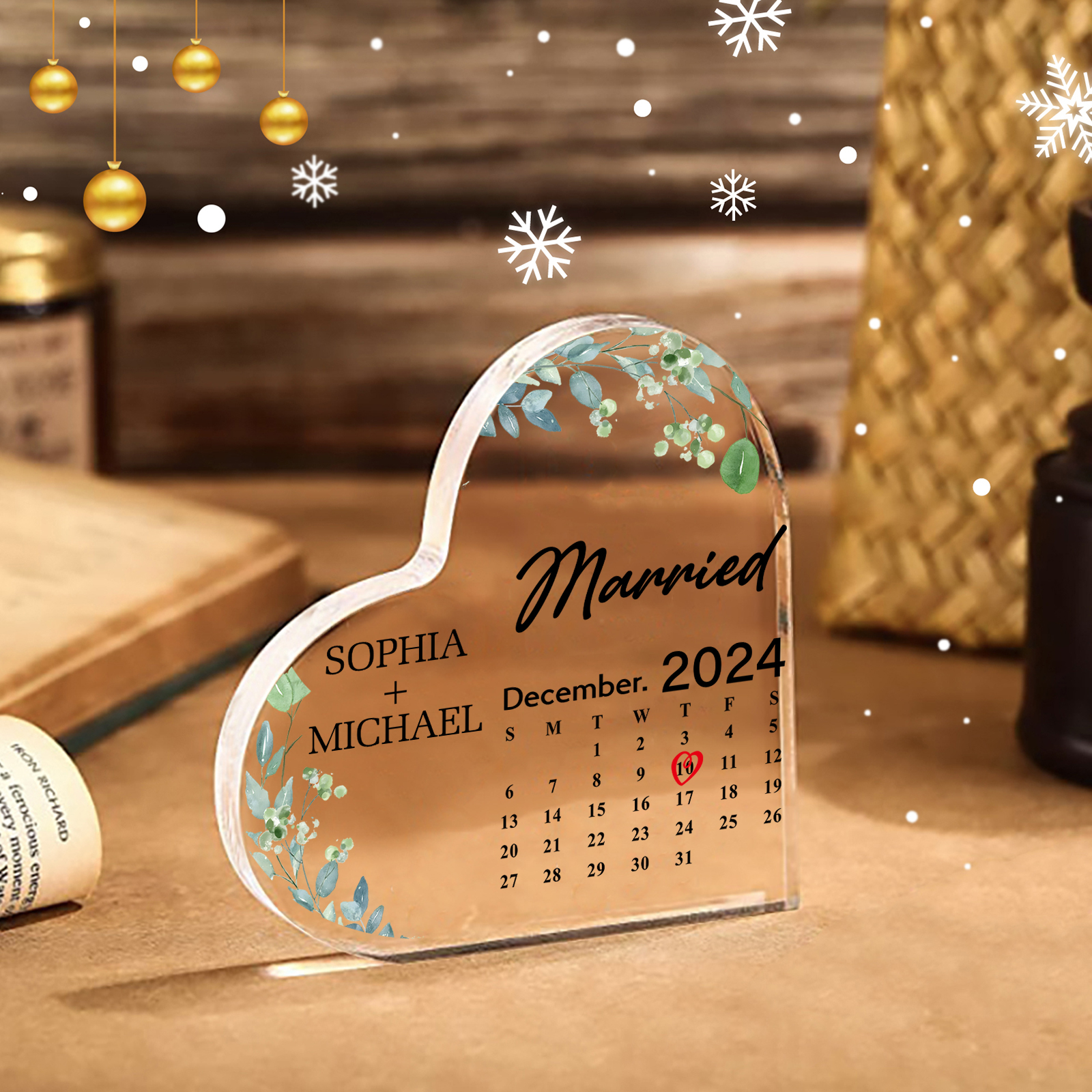 Personalised Acrylic Ornament – Custom Names, Date & “Married” Quote in Heart-Shaped Design – 3 Styles Available – Valentine’s Day Gift for Him/Her | Jessemade