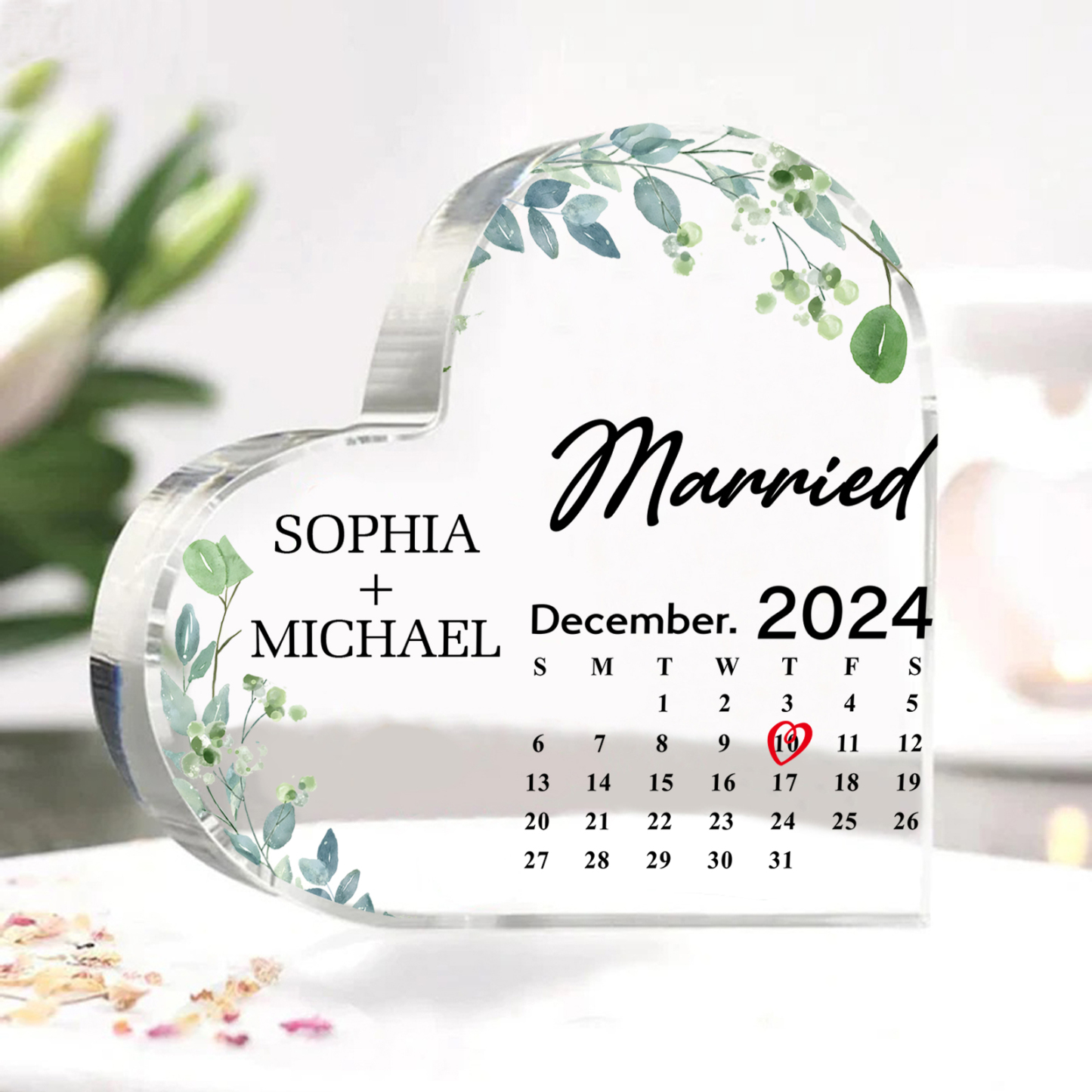 Personalised Acrylic Ornament – Custom Names, Date & “Married” Quote in Heart-Shaped Design – 3 Styles Available – Valentine’s Day Gift for Him/Her | Jessemade