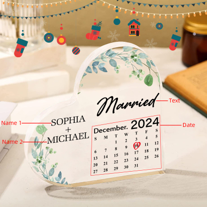 Personalised Acrylic Ornament – Custom Names, Date & “Married” Quote in Heart-Shaped Design – 3 Styles Available – Valentine’s Day Gift for Him/Her | Jessemade
