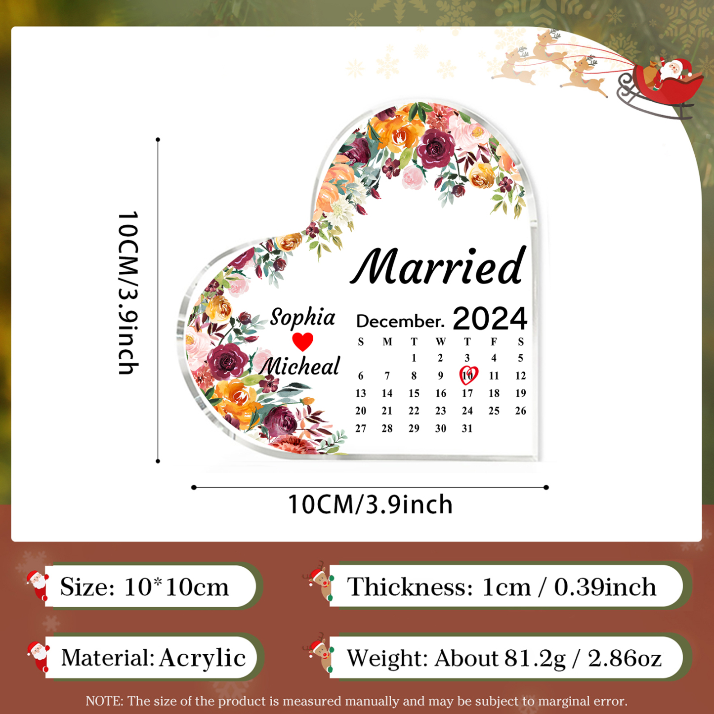 Personalised Acrylic Ornament – Custom Names, Date & “Married” Quote in Heart-Shaped Design – 3 Styles Available – Valentine’s Day Gift for Him/Her | Jessemade