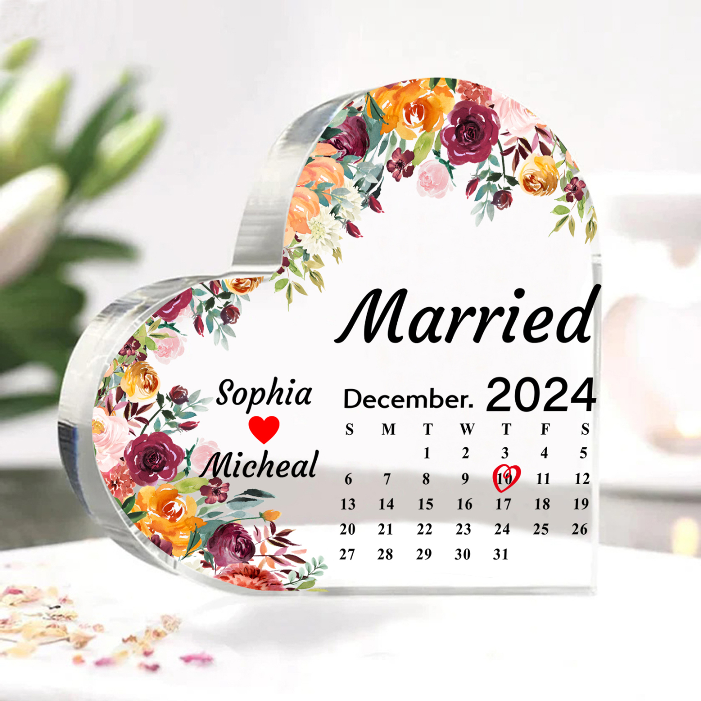 Personalised Acrylic Ornament – Custom Names, Date & “Married” Quote in Heart-Shaped Design – 3 Styles Available – Valentine’s Day Gift for Him/Her | Jessemade