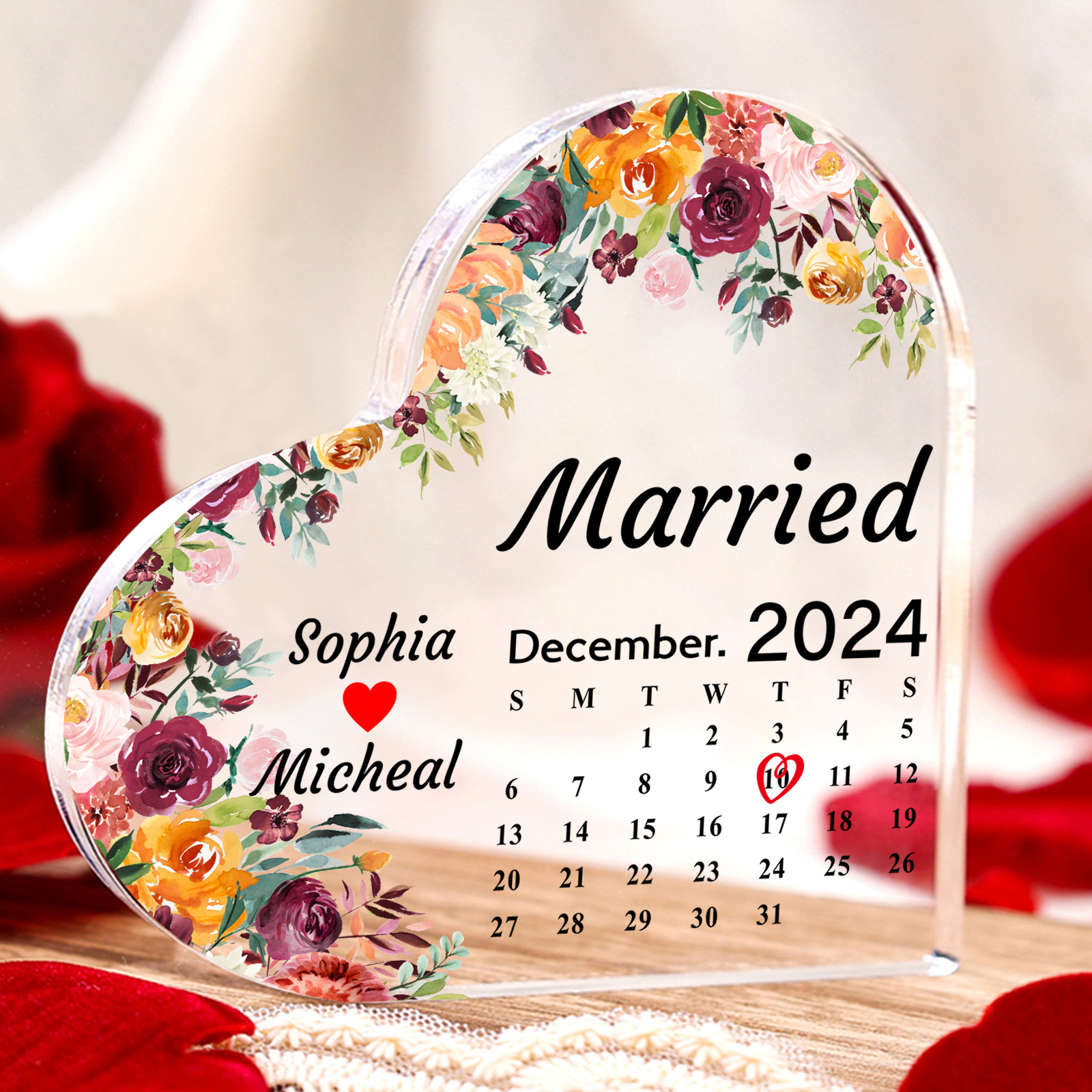 Personalised Acrylic Ornament – Custom Names, Date & “Married” Quote in Heart-Shaped Design – 3 Styles Available – Valentine’s Day Gift for Him/Her | Jessemade