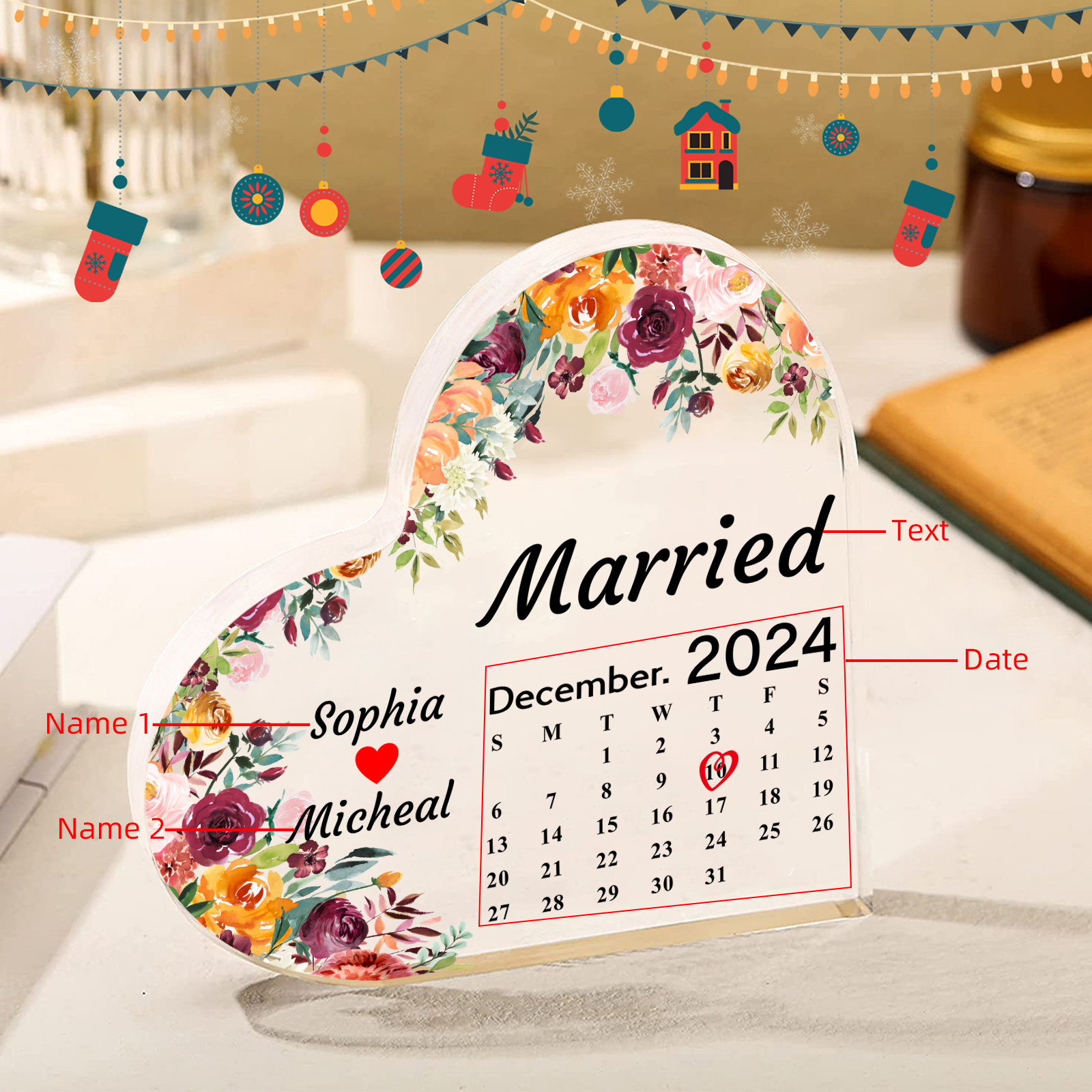 Personalised Acrylic Ornament – Custom Names, Date & “Married” Quote in Heart-Shaped Design – 3 Styles Available – Valentine’s Day Gift for Him/Her | Jessemade