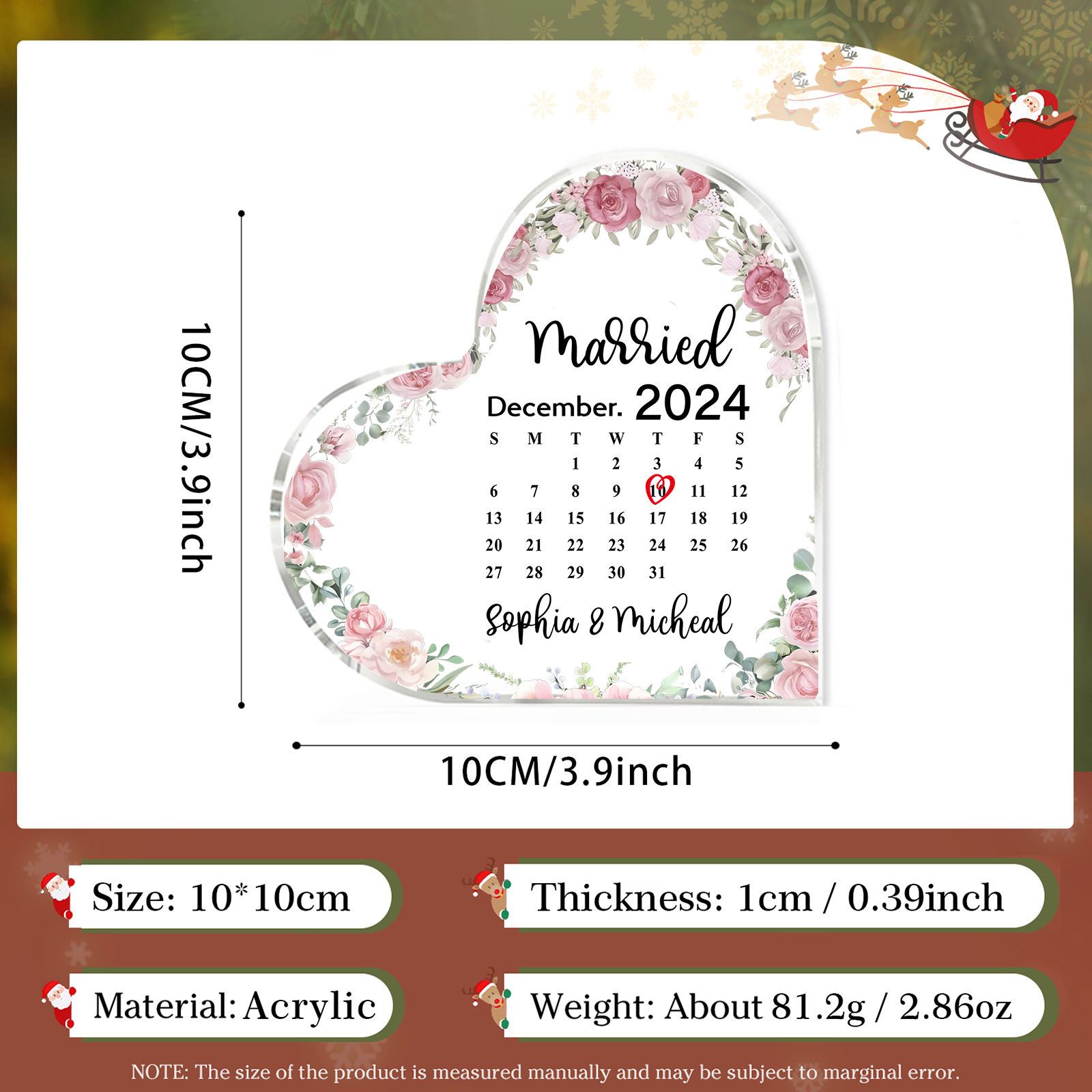 Personalised Acrylic Ornament – Custom Names, Date & “Married” Quote in Heart-Shaped Design – 3 Styles Available – Valentine’s Day Gift for Him/Her | Jessemade