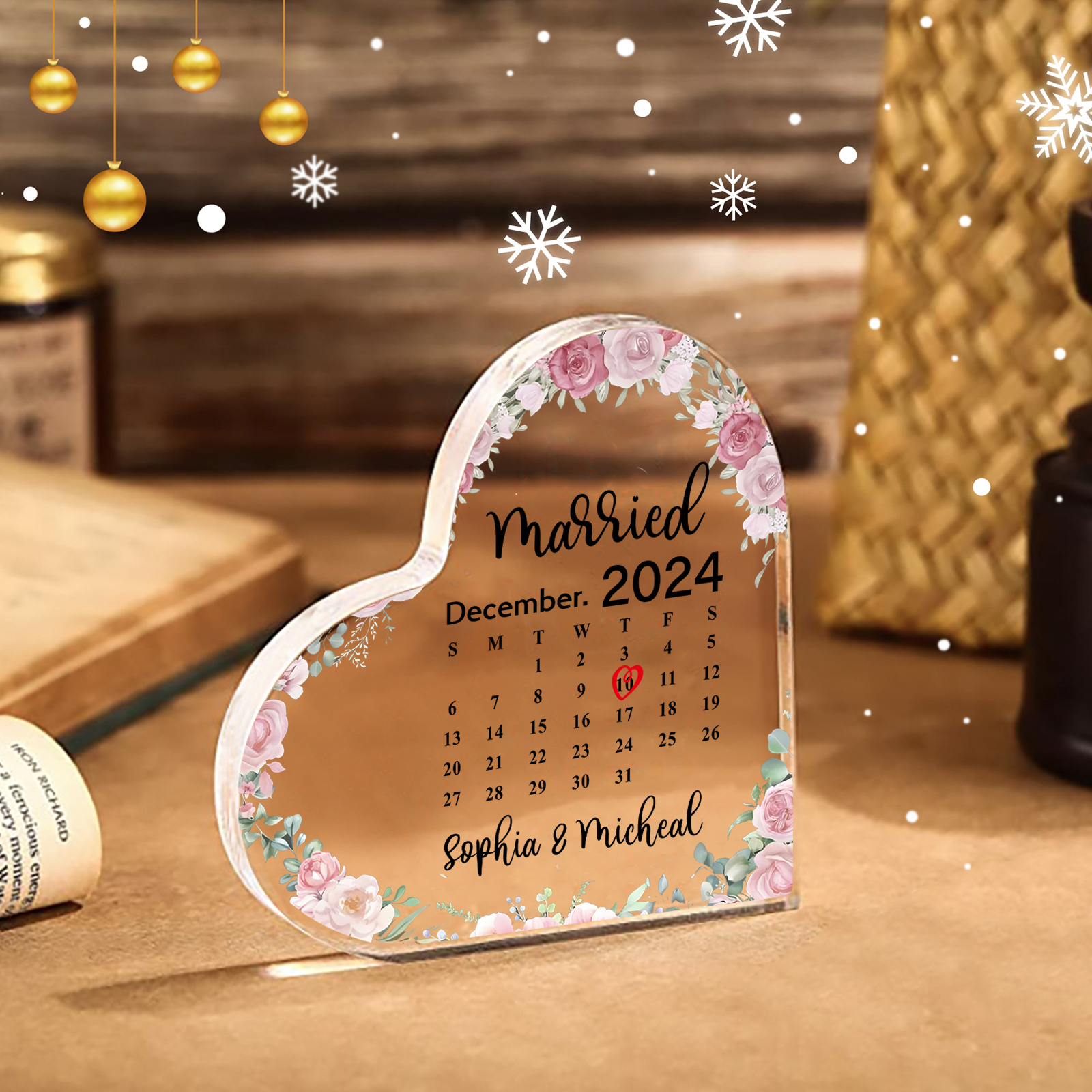 Personalised Acrylic Ornament – Custom Names, Date & “Married” Quote in Heart-Shaped Design – 3 Styles Available – Valentine’s Day Gift for Him/Her | Jessemade