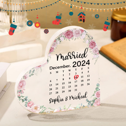 Personalised Acrylic Ornament – Custom Names, Date & “Married” Quote in Heart-Shaped Design – 3 Styles Available – Valentine’s Day Gift for Him/Her | Jessemade