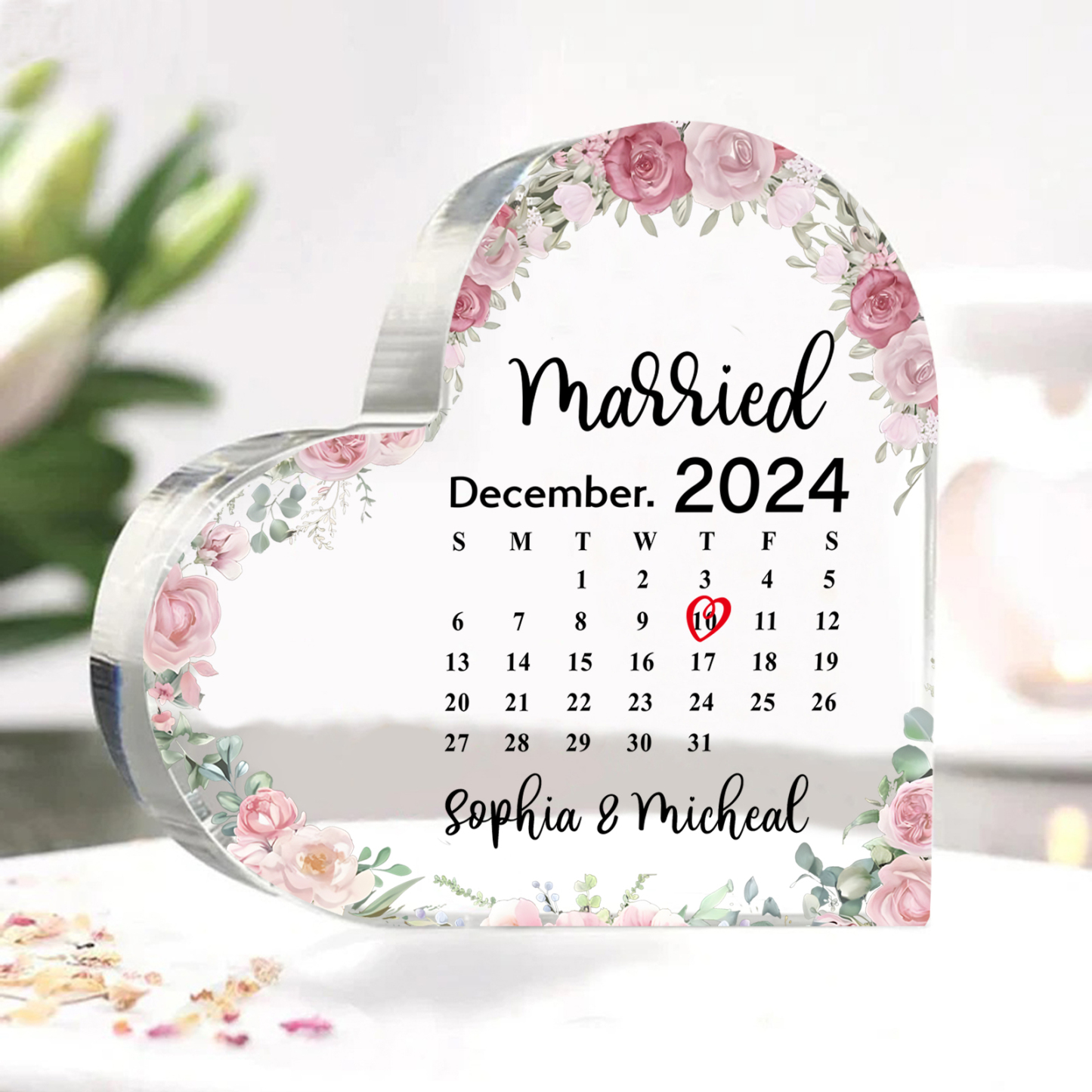 Personalised Acrylic Ornament – Custom Names, Date & “Married” Quote in Heart-Shaped Design – 3 Styles Available – Valentine’s Day Gift for Him/Her | Jessemade