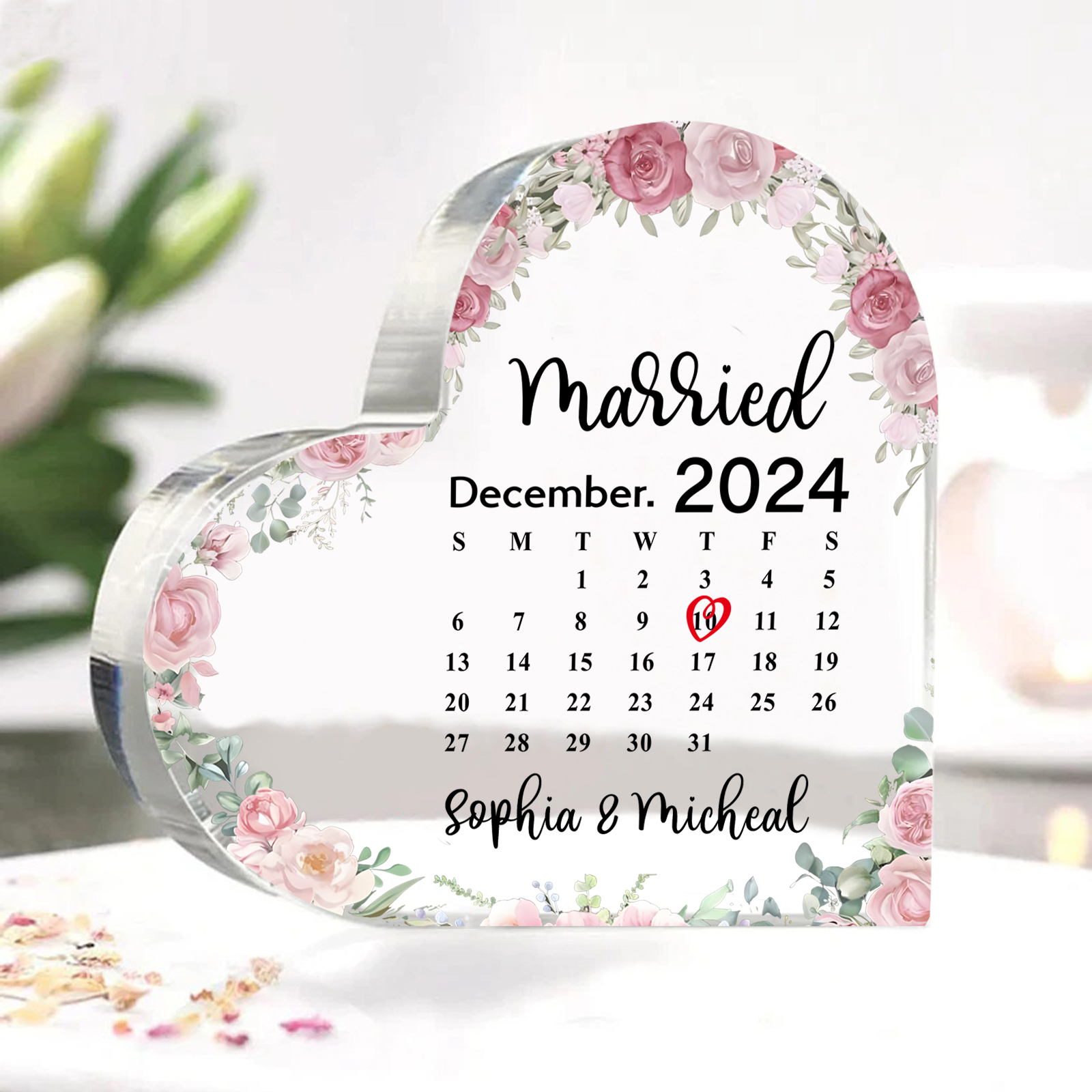 Personalised Acrylic Ornament – Custom Names, Date & “Married” Quote in Heart-Shaped Design – 3 Styles Available – Valentine’s Day Gift for Him/Her | Jessemade