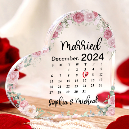 Personalised Acrylic Ornament – Custom Names, Date & “Married” Quote in Heart-Shaped Design – 3 Styles Available – Valentine’s Day Gift for Him/Her | Jessemade