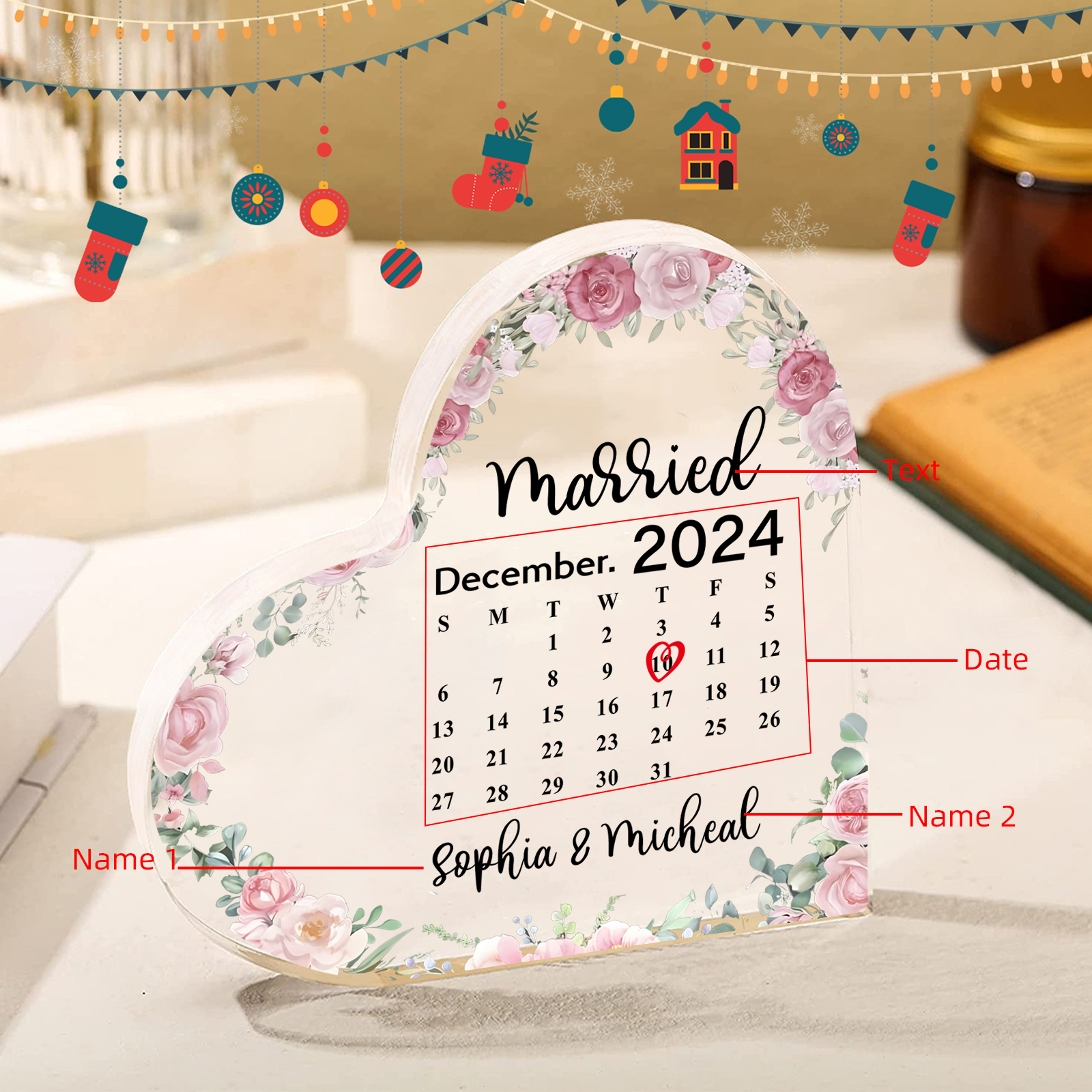 Personalised Acrylic Ornament – Custom Names, Date & “Married” Quote in Heart-Shaped Design – 3 Styles Available – Valentine’s Day Gift for Him/Her | Jessemade