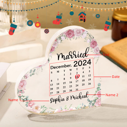 Personalised Acrylic Ornament – Custom Names, Date & “Married” Quote in Heart-Shaped Design – 3 Styles Available – Valentine’s Day Gift for Him/Her | Jessemade