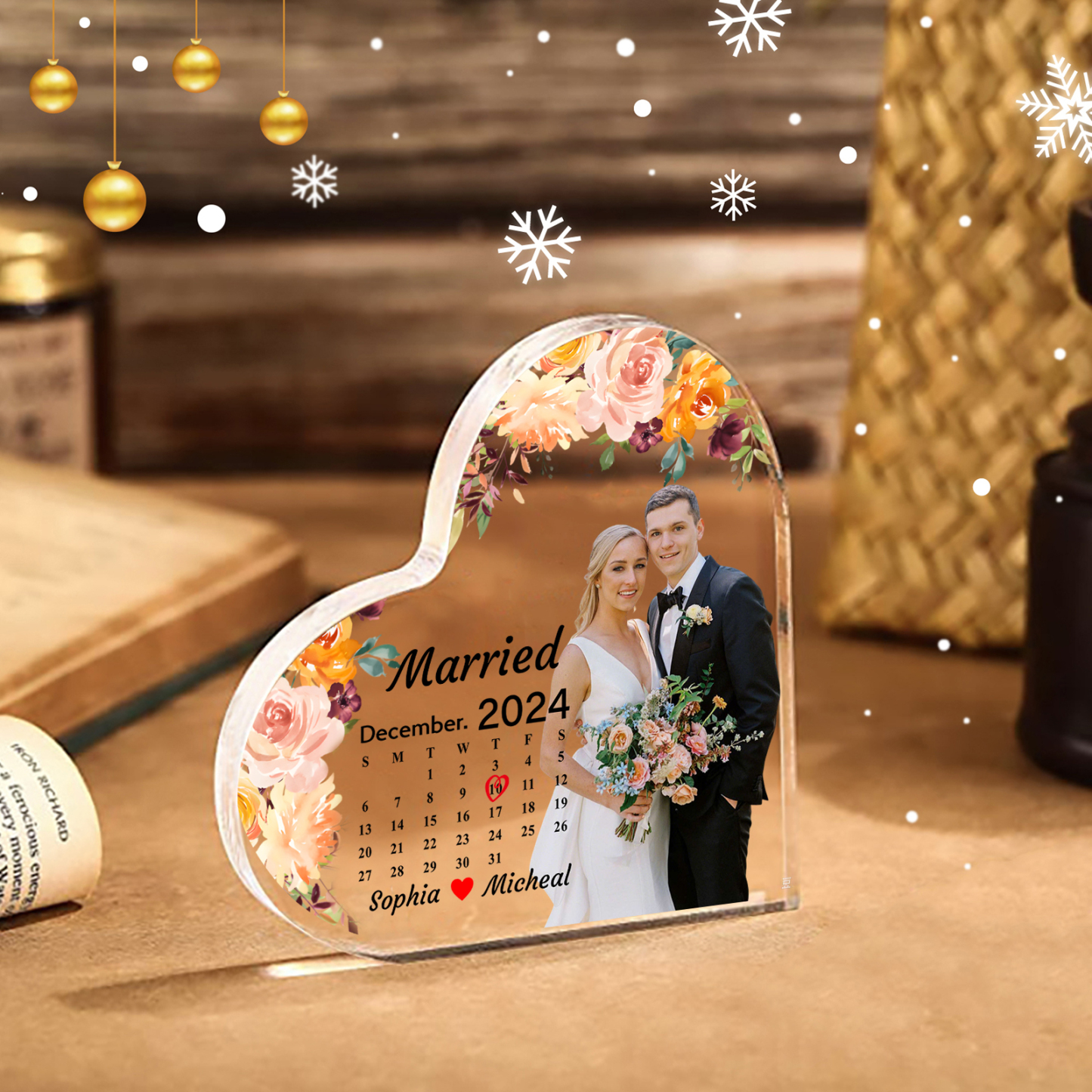 Personalised Acrylic Anniversary Ornament – Custom Names, Photo, Date & “Married” Quote in Heart-Shaped Design – Valentine’s Day Gift for Him/Her | Jessemade