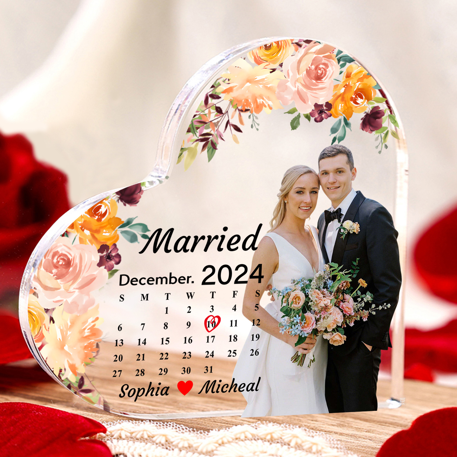 Personalised Acrylic Anniversary Ornament – Custom Names, Photo, Date & “Married” Quote in Heart-Shaped Design – Valentine’s Day Gift for Him/Her | Jessemade