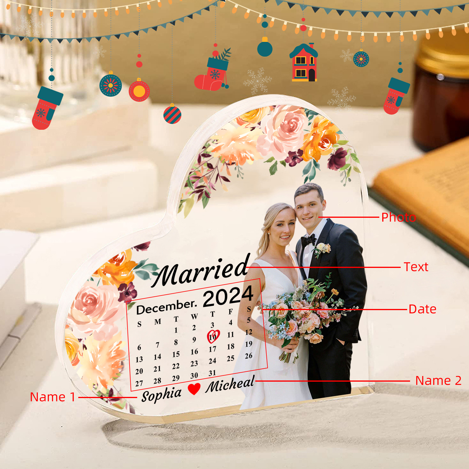 Personalised Acrylic Anniversary Ornament – Custom Names, Photo, Date & “Married” Quote in Heart-Shaped Design – Valentine’s Day Gift for Him/Her | Jessemade