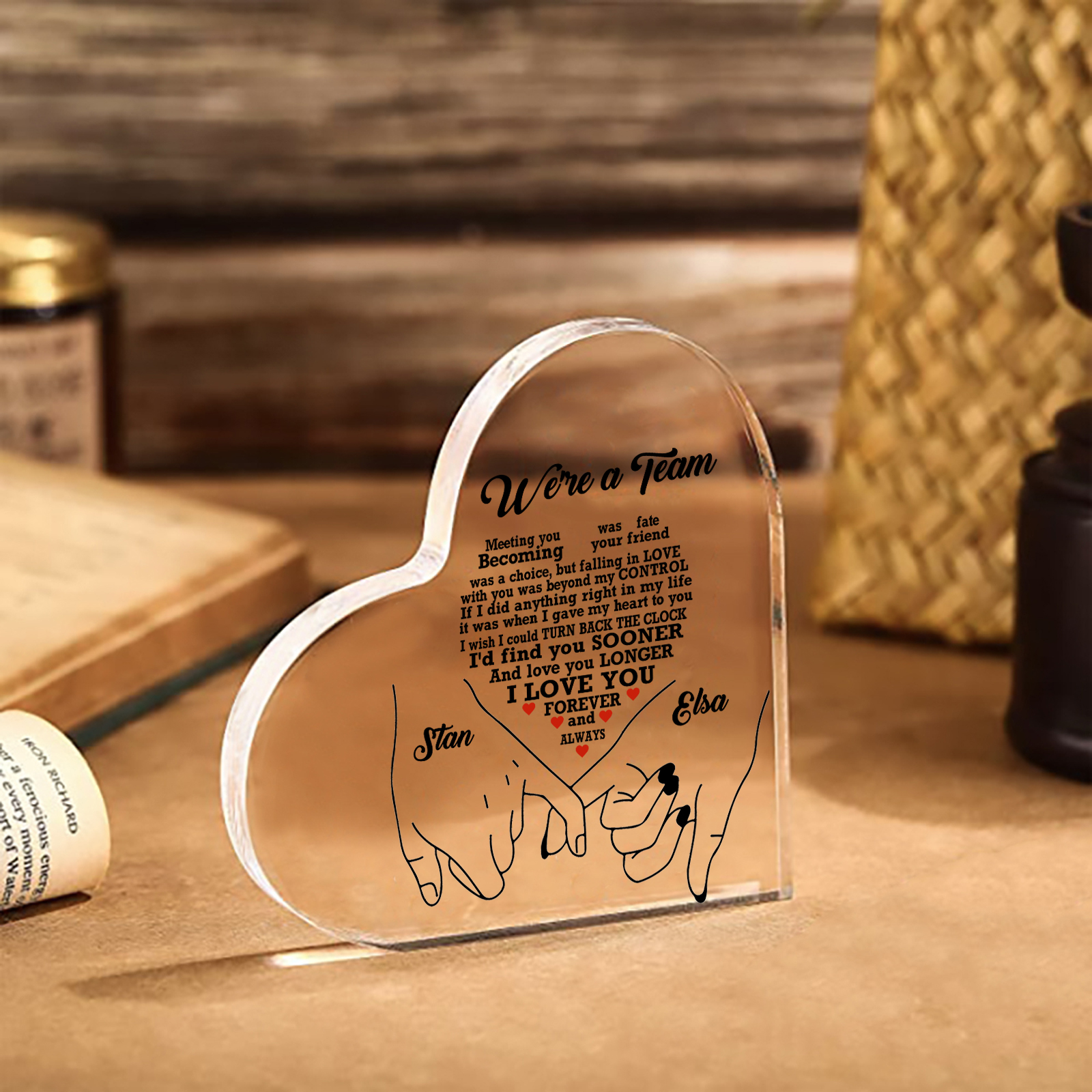 Personalised Heart-Shaped Acrylic Ornament - "We're a Team" - Customized 2 Names, Home Ornaments, Valentine's Day Gift for Him | Jessemade