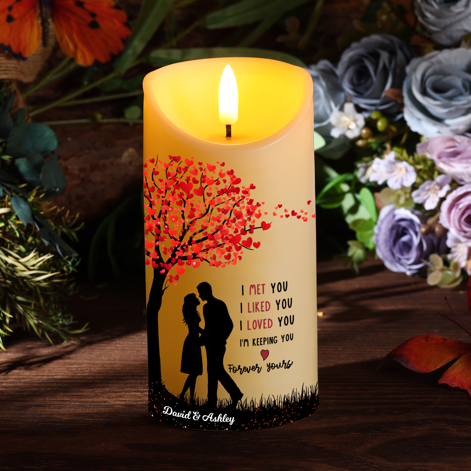Personalised LED Candle with Custom 2 Names - "I Met You, I Liked You, I Loved You" Heart Tree Design, Valentine’s Day Gift for Couple | Jessemade
