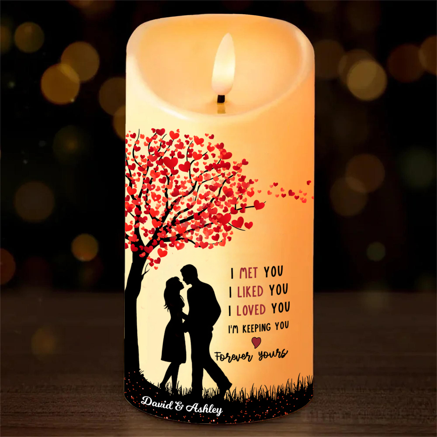 Personalised LED Candle with Custom 2 Names - "I Met You, I Liked You, I Loved You" Heart Tree Design, Valentine’s Day Gift for Couple | Jessemade
