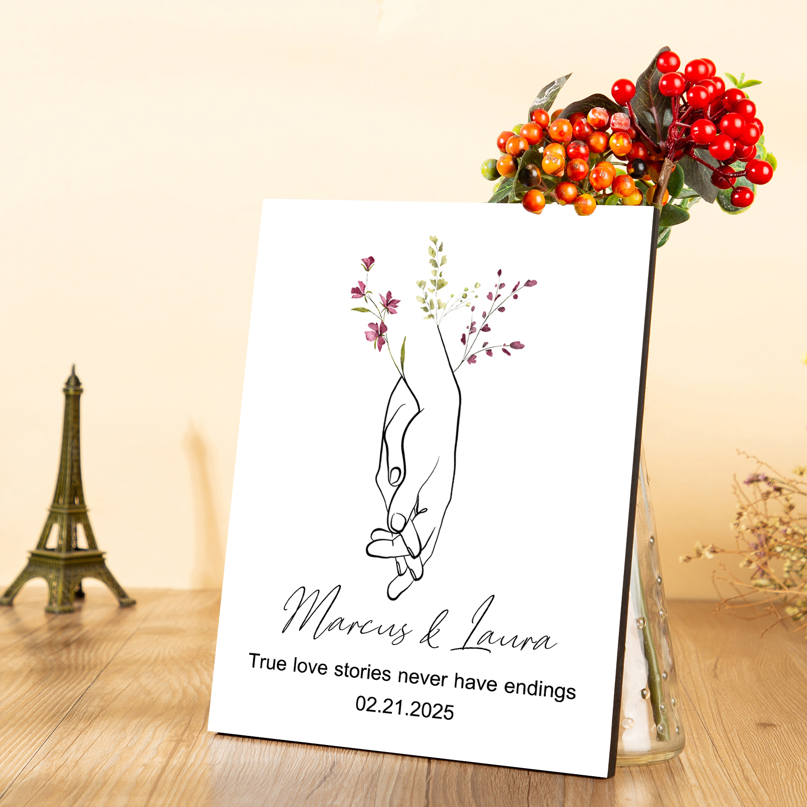 Personalised Wooden Ornament – Custom Names, Date & "True Love Stories Never Have Endings" Floral Design with Holding Hands – Valentine’s Day Gift for Her | Jessemade