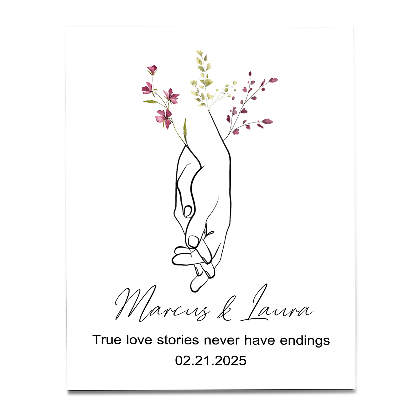 Personalised Wooden Ornament – Custom Names, Date & "True Love Stories Never Have Endings" Floral Design with Holding Hands – Valentine’s Day Gift for Her | Jessemade