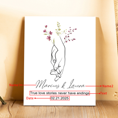 Personalised Wooden Ornament – Custom Names, Date & "True Love Stories Never Have Endings" Floral Design with Holding Hands – Valentine’s Day Gift for Her | Jessemade
