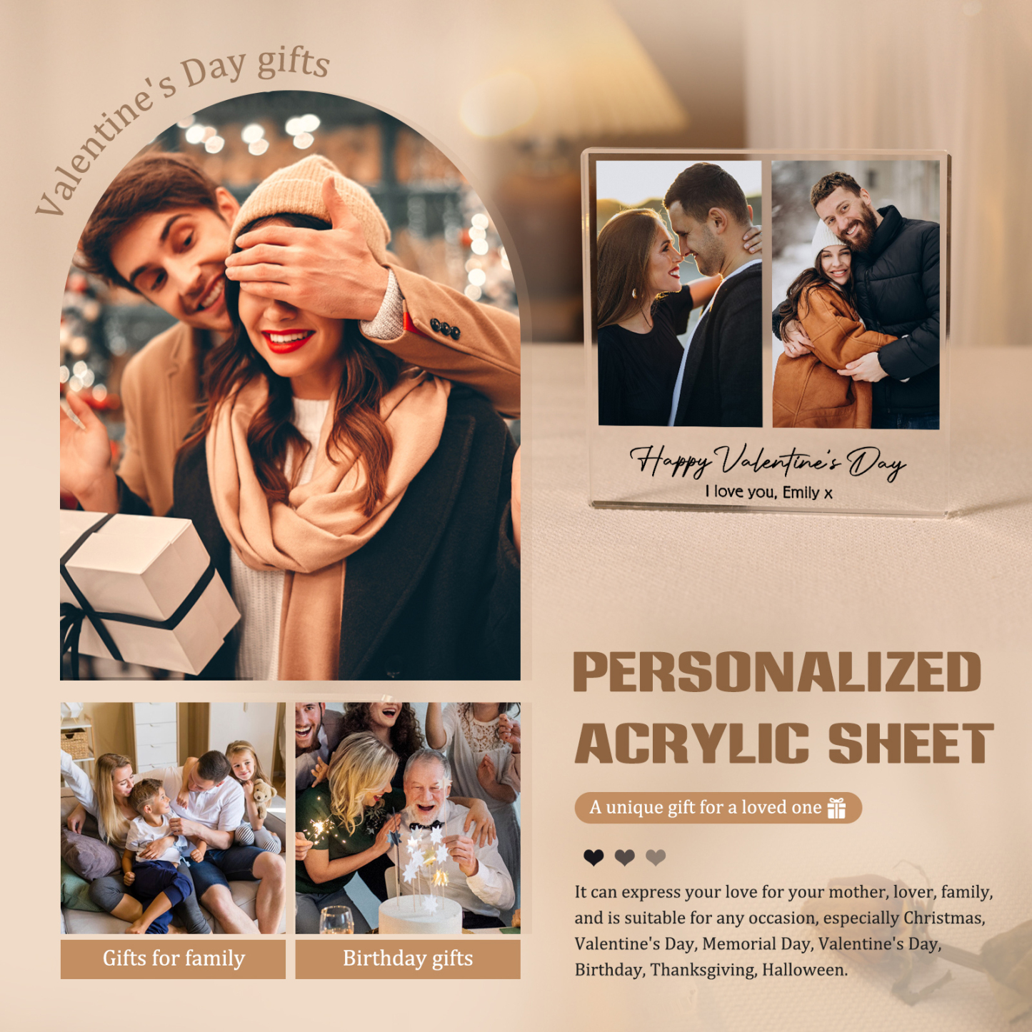 Personalised Acrylic Ornament – Custom 2 Photos & “Happy Valentine’s Day” Design with Romantic Text – Valentine’s Day Gift for Her | Jessemade