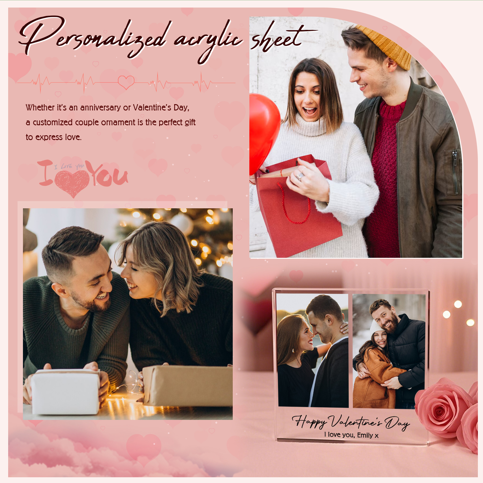 Personalised Acrylic Ornament – Custom 2 Photos & “Happy Valentine’s Day” Design with Romantic Text – Valentine’s Day Gift for Her | Jessemade