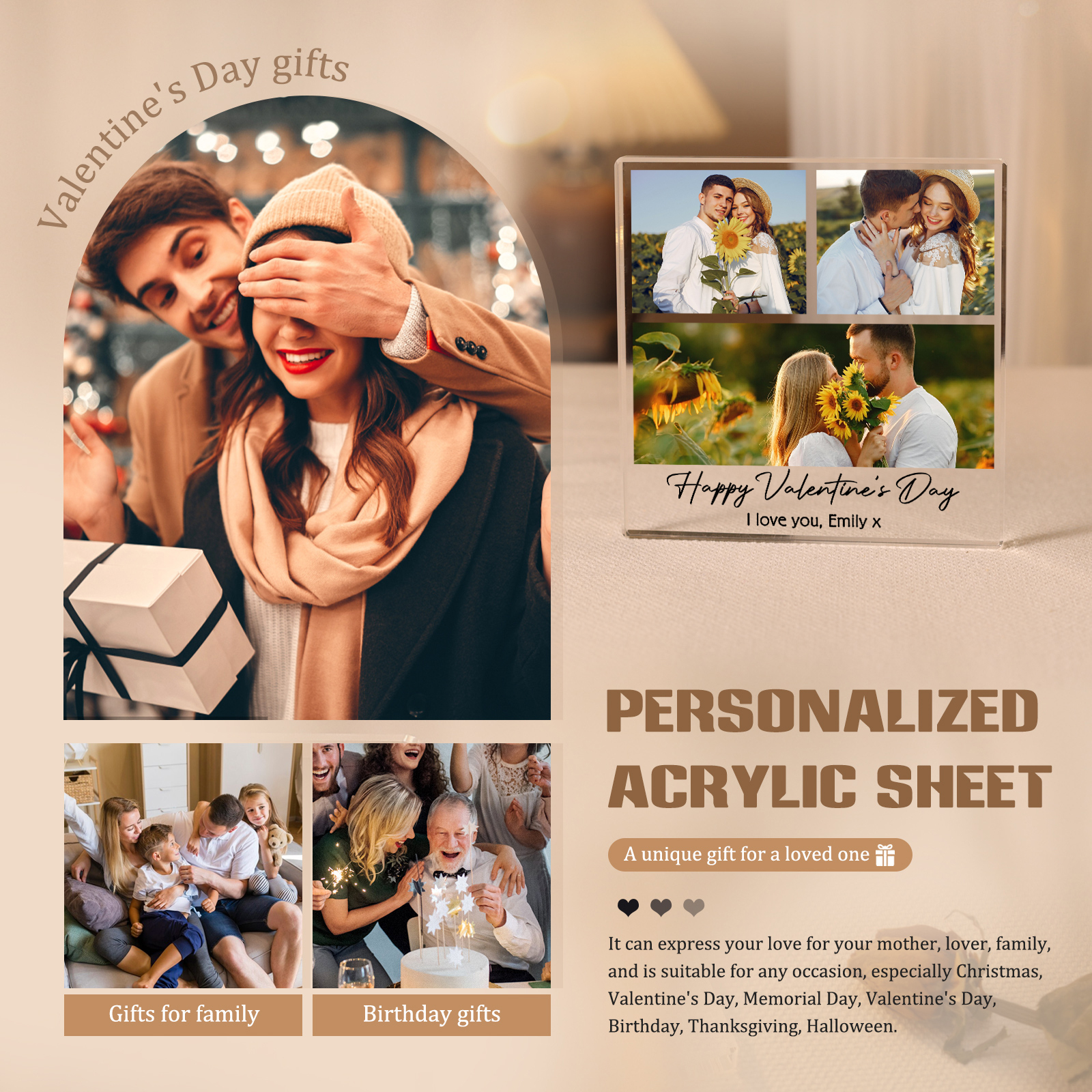 Personalised Acrylic Ornament – Custom 3 Photos & “Happy Valentine’s Day” Design with Romantic Text – Valentine’s Day Gift for Her | Jessemade