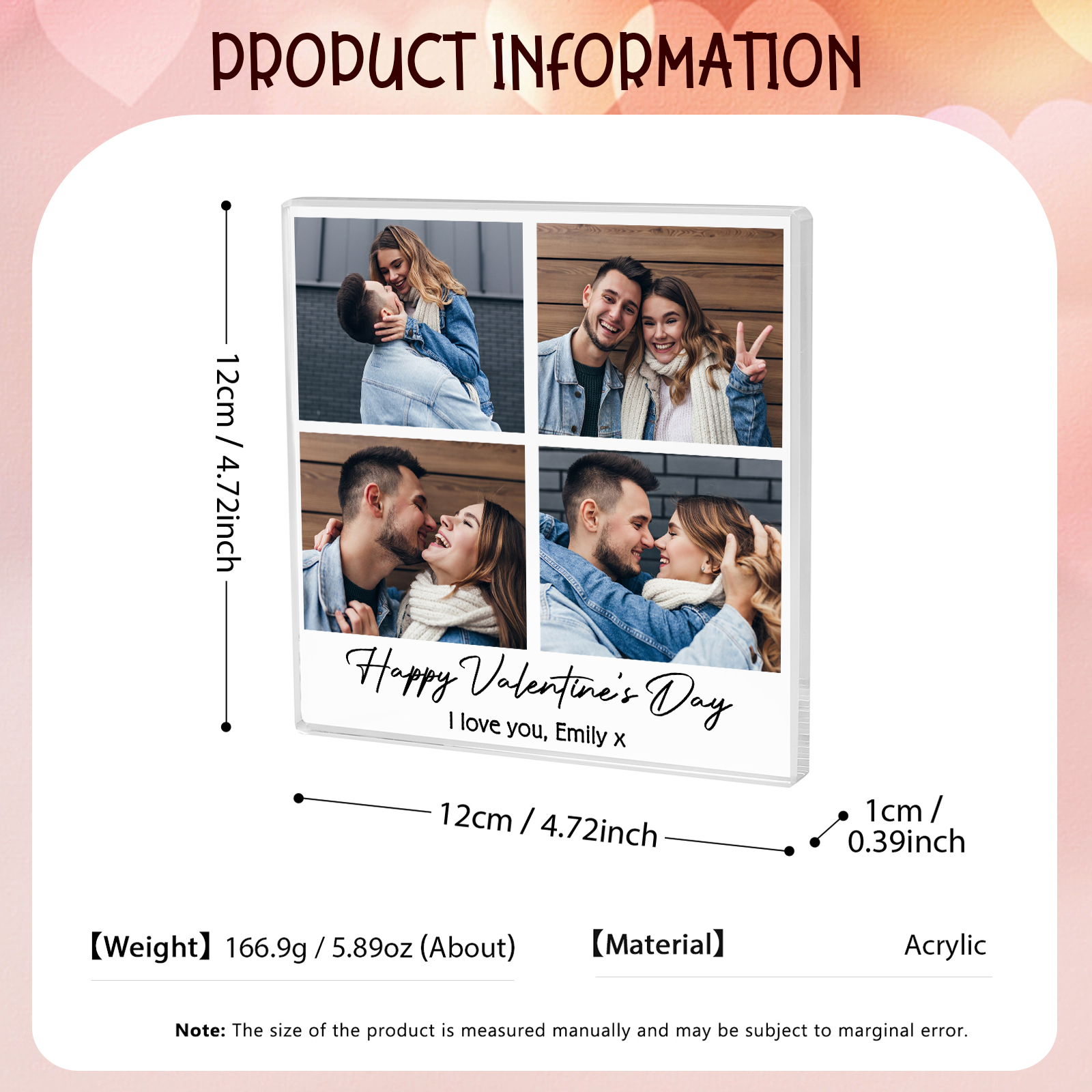 Personalised Acrylic Ornament – Custom 4 Photos & “Happy Valentine’s Day” Design with Romantic Text – Valentine’s Day Gift for Her | Jessemade