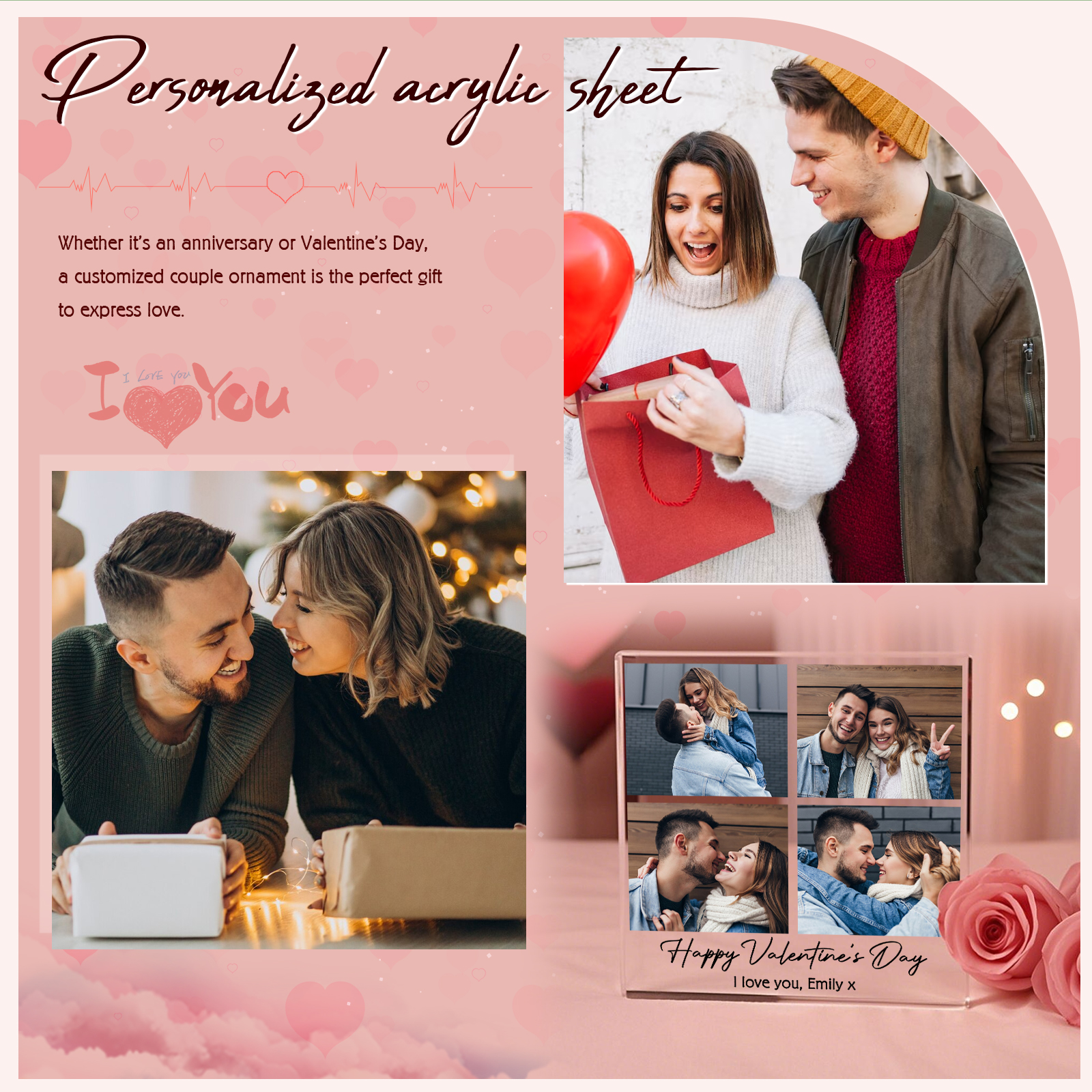 Personalised Acrylic Ornament – Custom 4 Photos & “Happy Valentine’s Day” Design with Romantic Text – Valentine’s Day Gift for Her | Jessemade