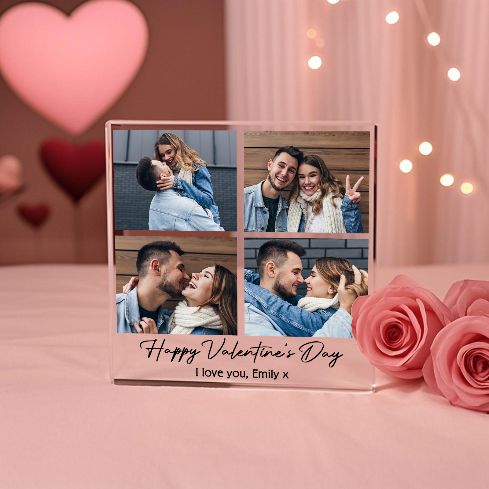 Personalised Acrylic Ornament – Custom 4 Photos & “Happy Valentine’s Day” Design with Romantic Text – Valentine’s Day Gift for Her | Jessemade