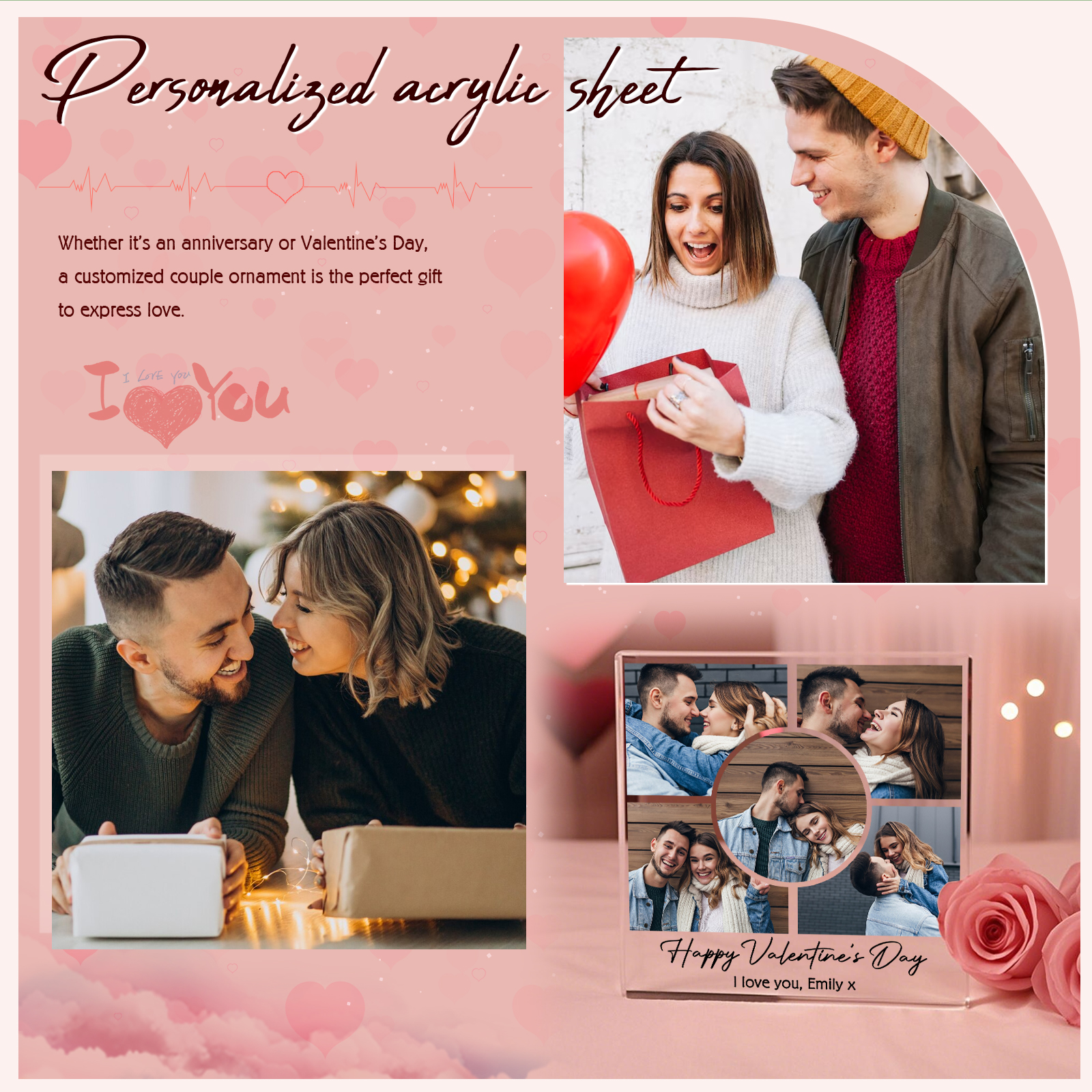Personalised Acrylic Ornament – Custom 5 Photos & “Happy Valentine’s Day” Design with Romantic Text – Valentine’s Day Gift for Her | Jessemade
