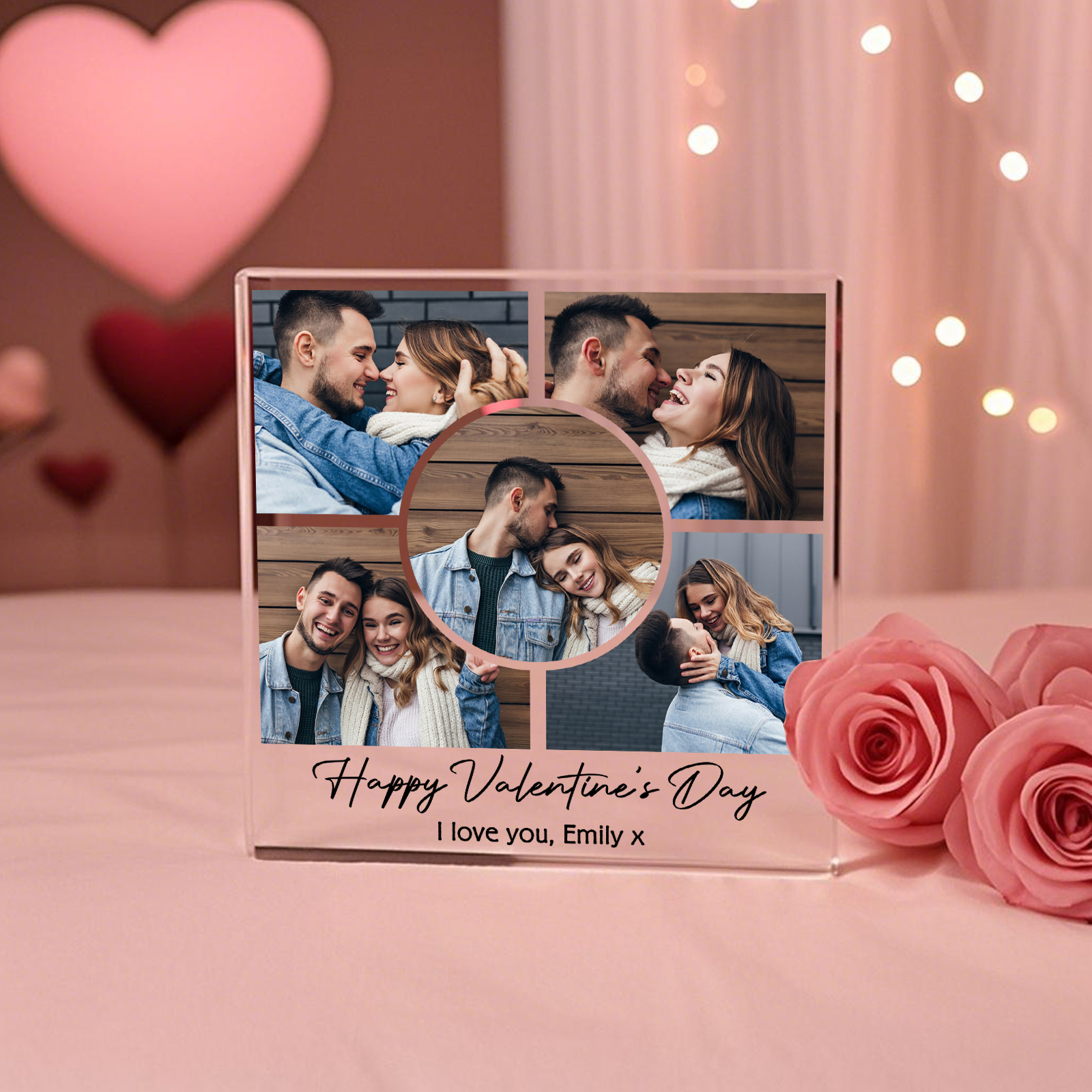 Personalised Acrylic Ornament – Custom 5 Photos & “Happy Valentine’s Day” Design with Romantic Text – Valentine’s Day Gift for Her | Jessemade