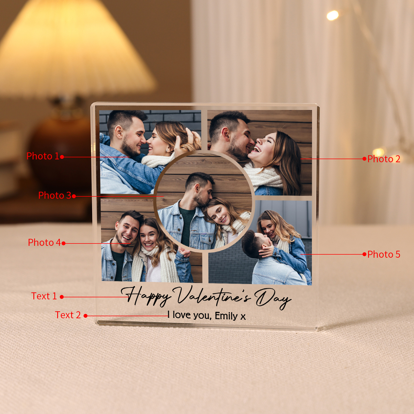 Personalised Acrylic Ornament – Custom 5 Photos & “Happy Valentine’s Day” Design with Romantic Text – Valentine’s Day Gift for Her | Jessemade