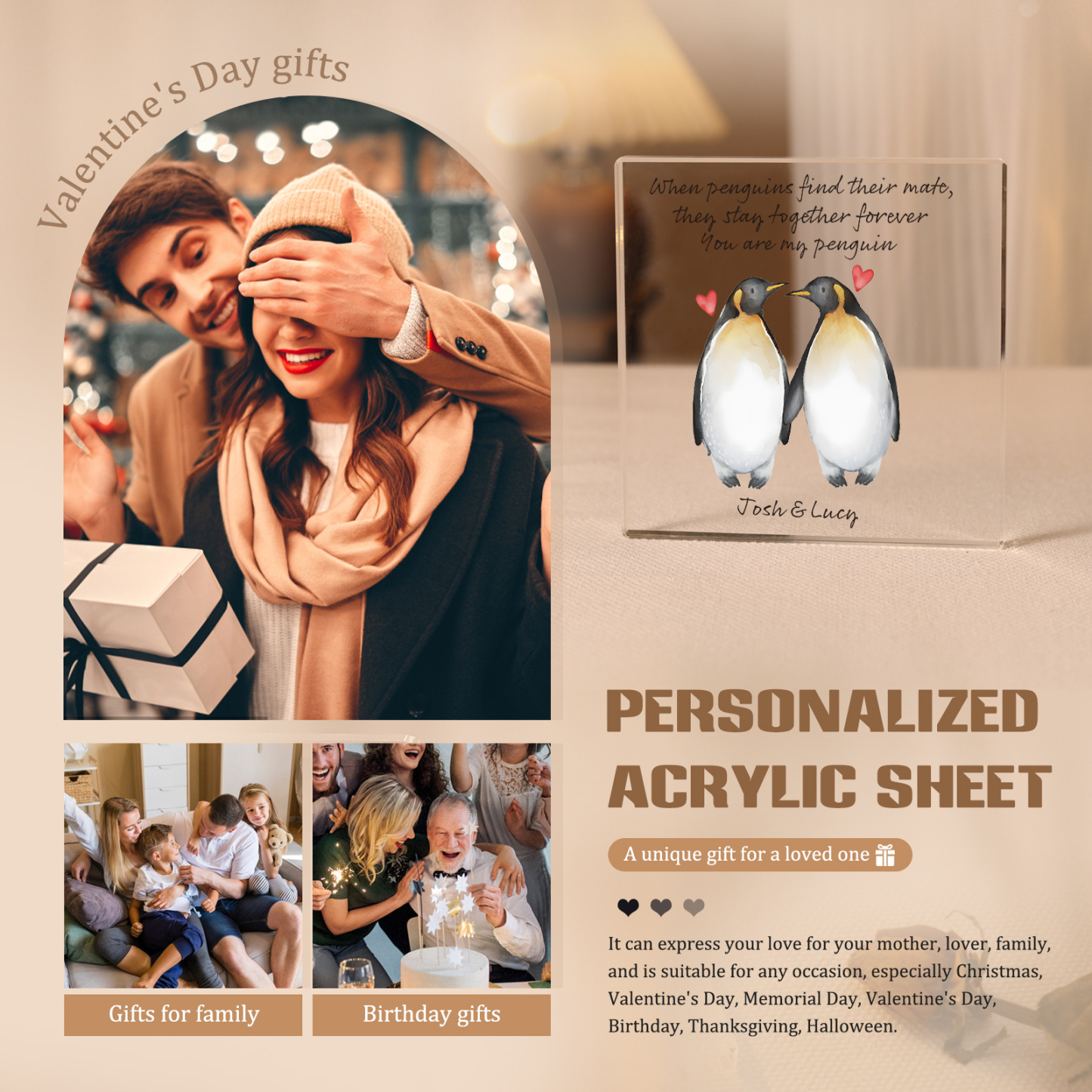 Personalised Acrylic Ornament with 2 Names & Custom Text - "When Penguins Find Their Mate, They Stay Together Forever" Penguin Couple Design, Valentine’s Day Gift for Couple | Jessemade