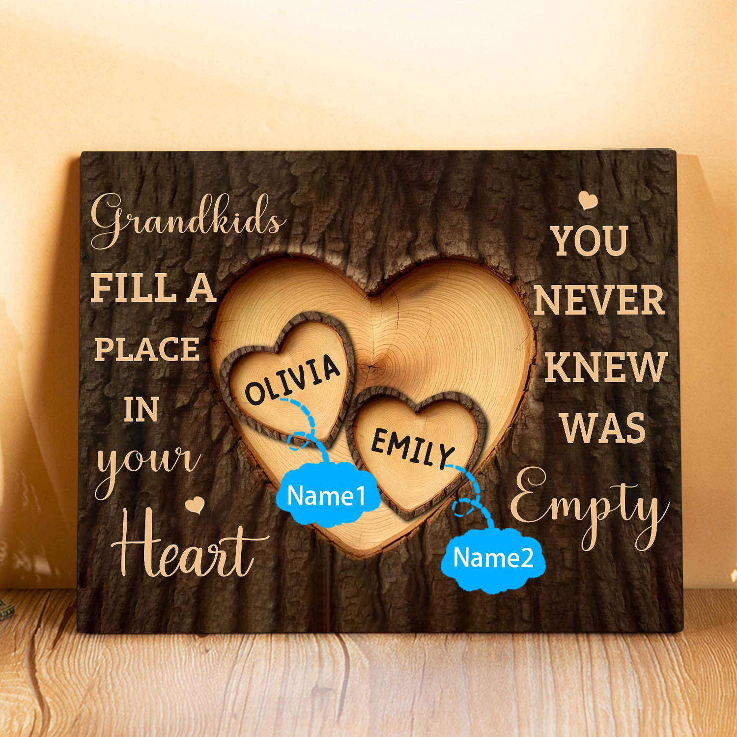 Personalised Wooden Ornament – with Custom 2 Names – "Grandkids Fill a Place in Your Heart" – Unique Gift for Grandma | Jessemade