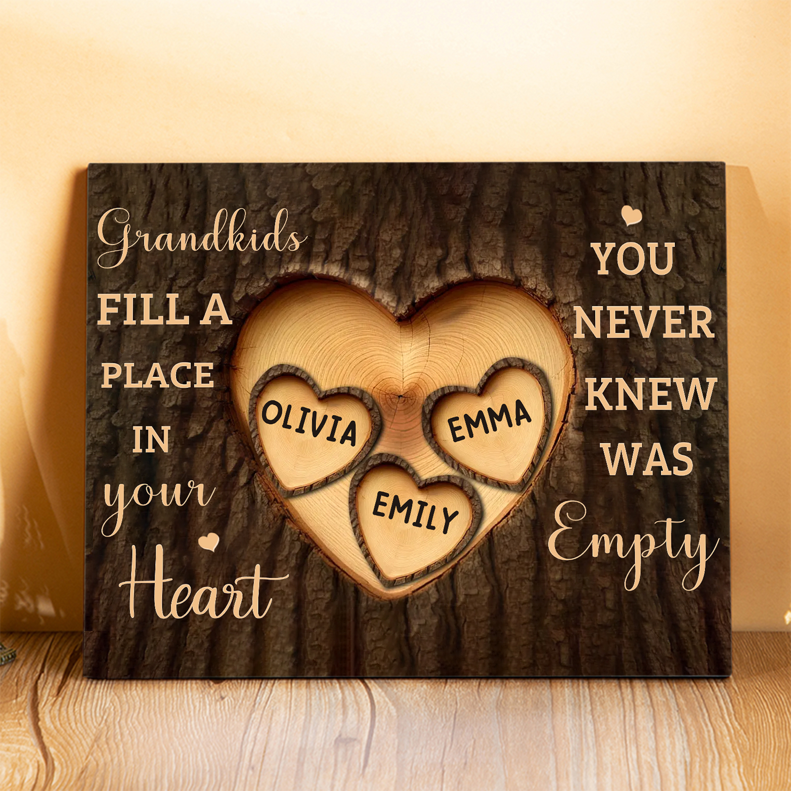 Personalised Wooden Ornament – with Custom 4 Names – "Grandkids Fill a Place in Your Heart" – Unique Gift for Grandma | Jessemade