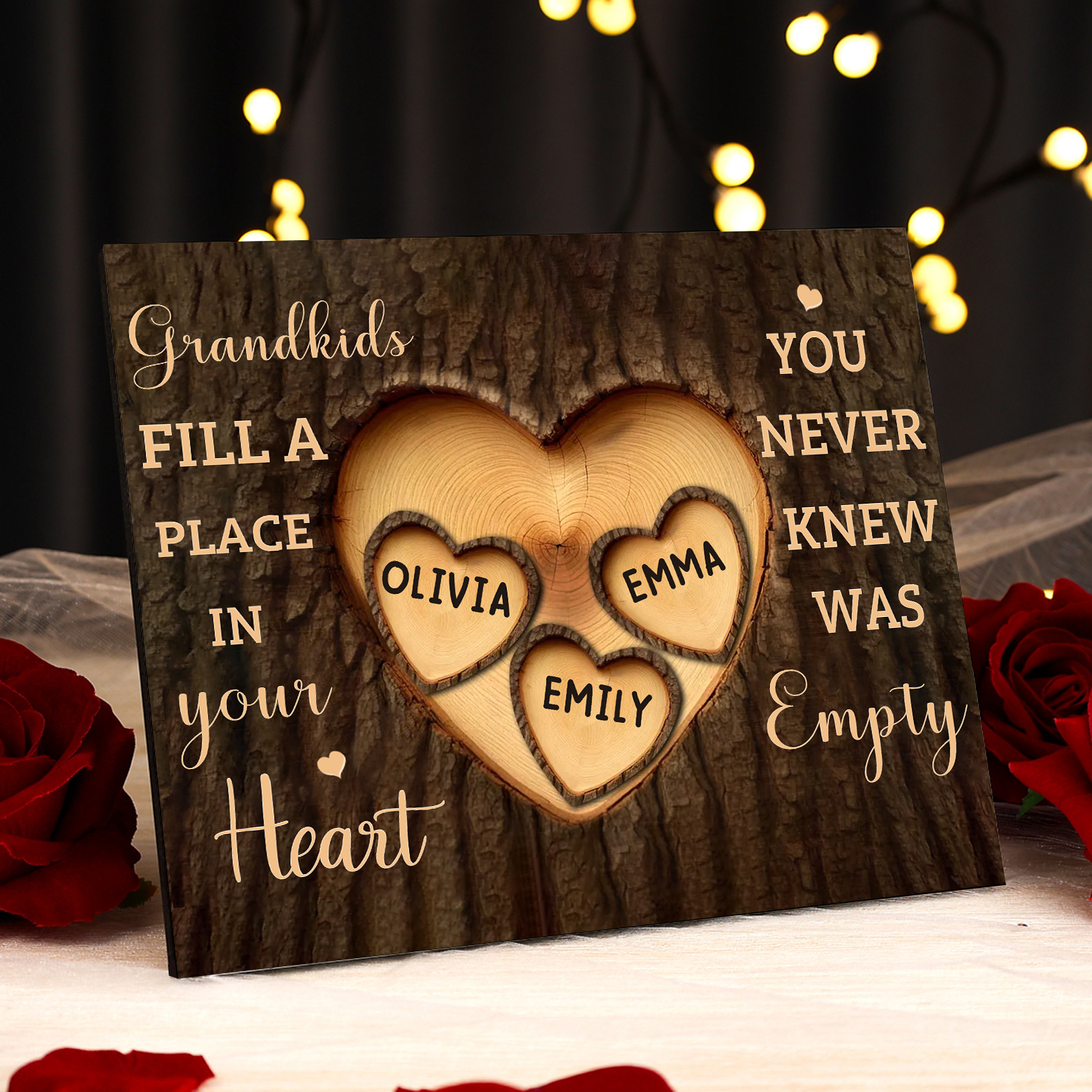 Personalised Wooden Ornament – with Custom 4 Names – "Grandkids Fill a Place in Your Heart" – Unique Gift for Grandma | Jessemade