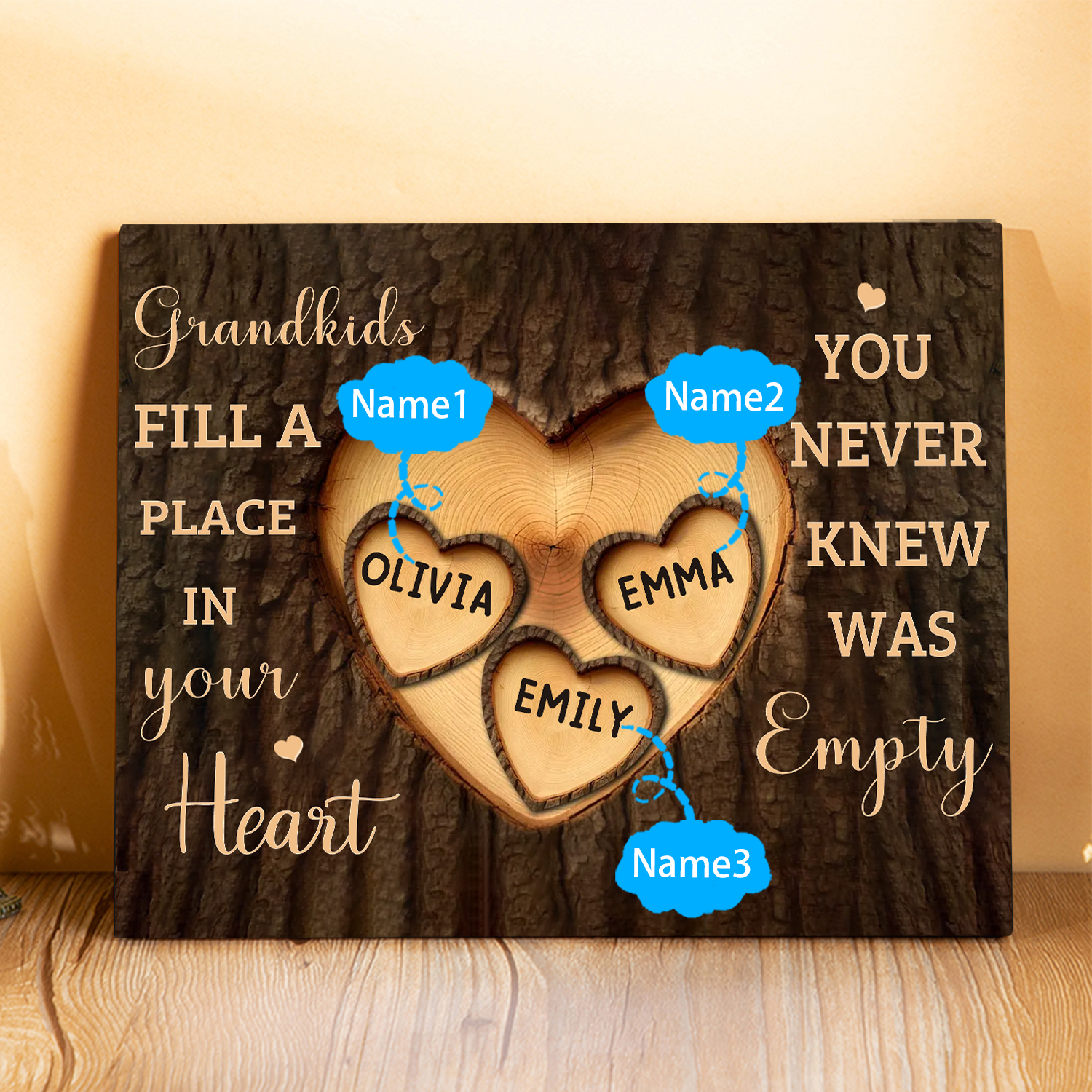 Personalised Wooden Ornament – with Custom 4 Names – "Grandkids Fill a Place in Your Heart" – Unique Gift for Grandma | Jessemade