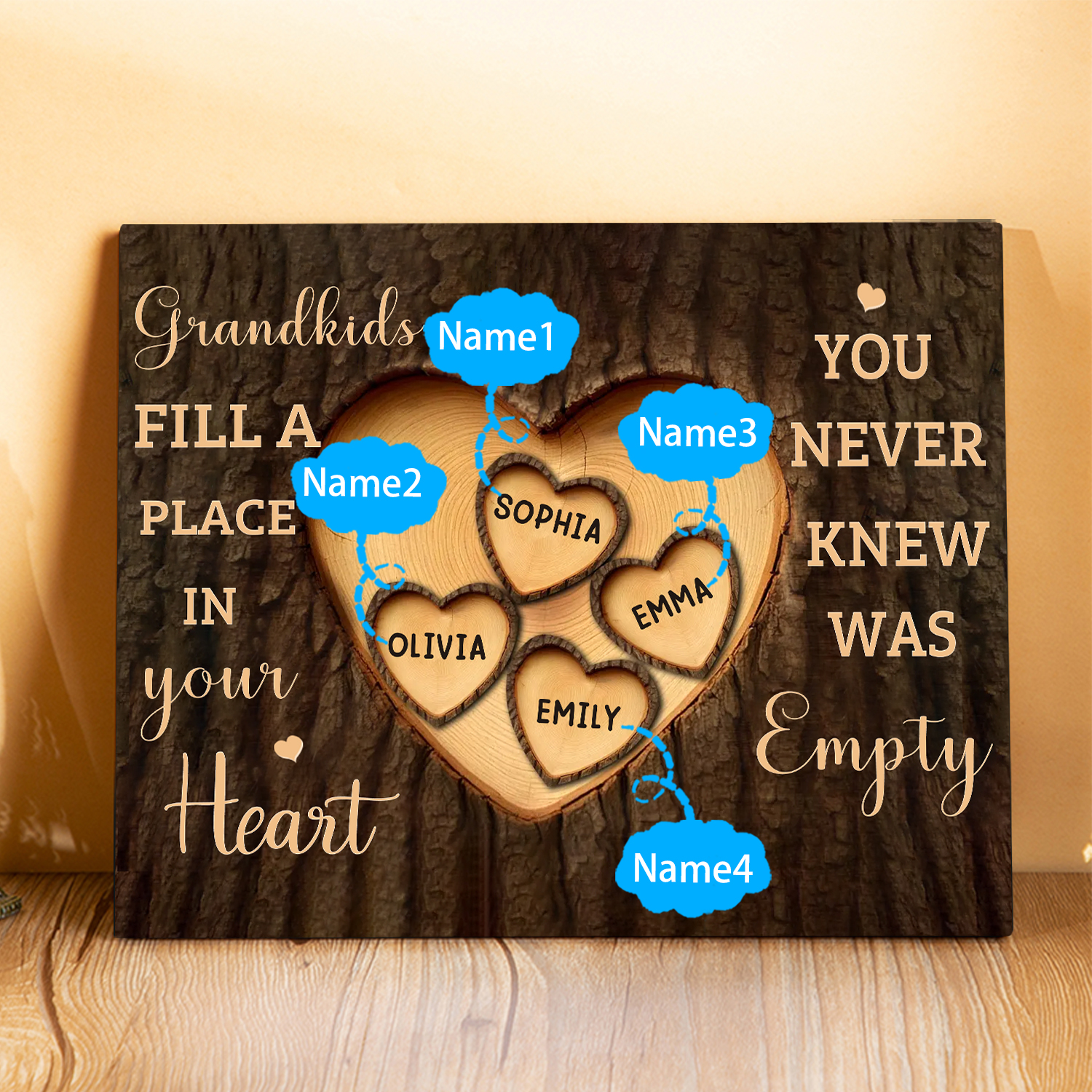 Personalised Wooden Ornament – with Custom 5 Names – "Grandkids Fill a Place in Your Heart" – Unique Gift for Grandma | Jessemade