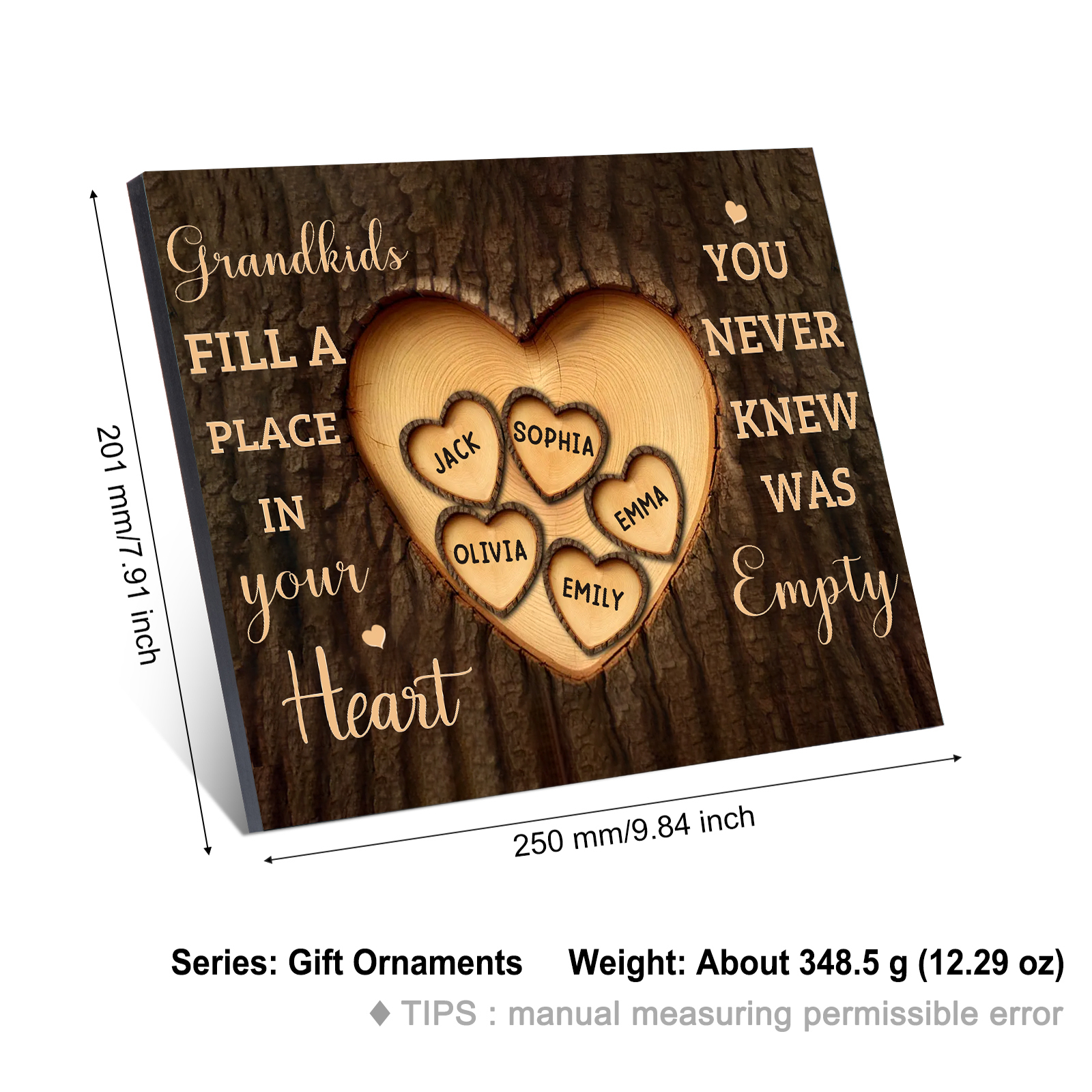 Personalised Wooden Ornament – with Custom 5 Names – "Grandkids Fill a Place in Your Heart" – Unique Gift for Grandma | Jessemade