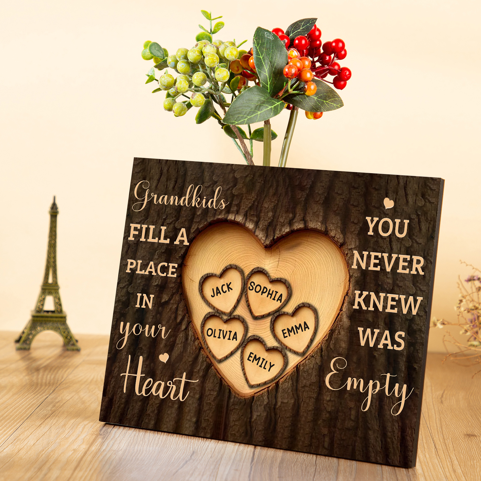Personalised Wooden Ornament – with Custom 5 Names – "Grandkids Fill a Place in Your Heart" – Unique Gift for Grandma | Jessemade