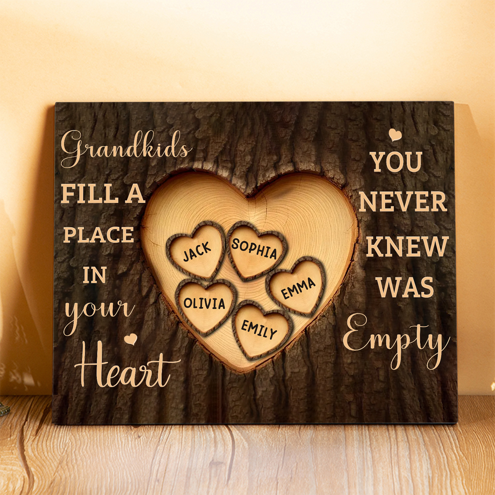 Personalised Wooden Ornament – with Custom 5 Names – "Grandkids Fill a Place in Your Heart" – Unique Gift for Grandma | Jessemade