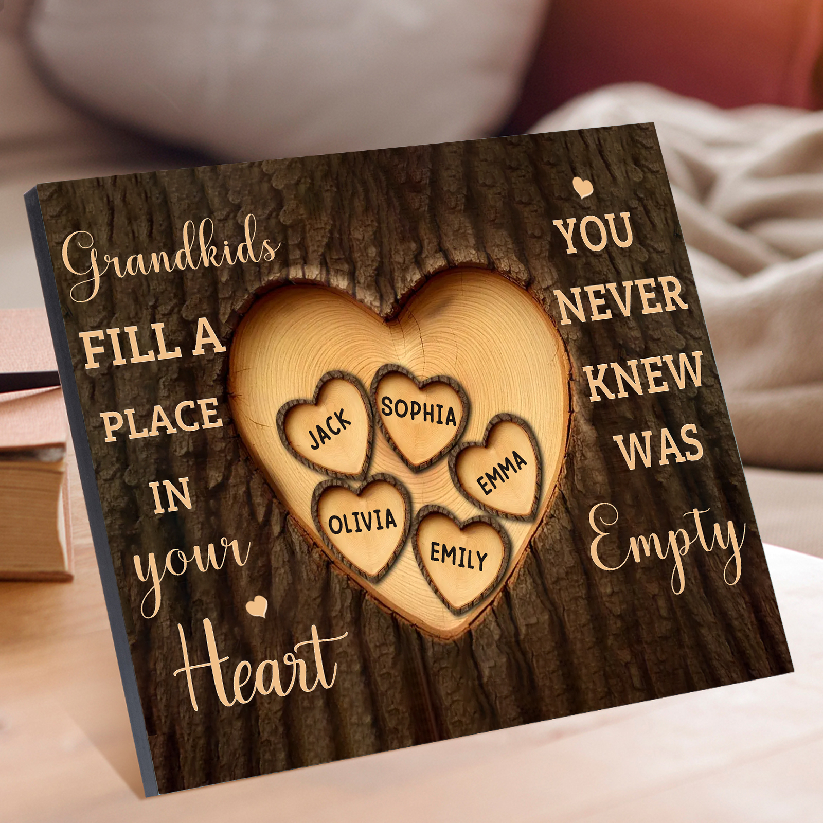 Personalised Wooden Ornament – with Custom 5 Names – "Grandkids Fill a Place in Your Heart" – Unique Gift for Grandma | Jessemade