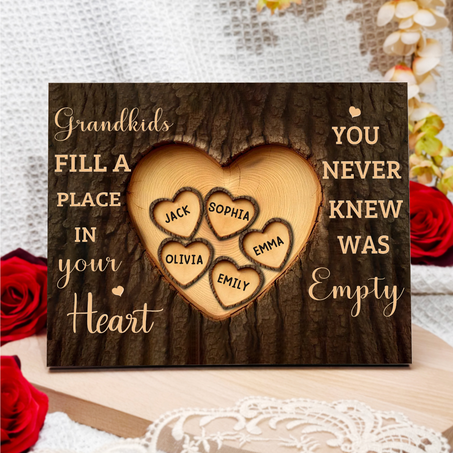 Personalised Wooden Ornament – with Custom 5 Names – "Grandkids Fill a Place in Your Heart" – Unique Gift for Grandma | Jessemade