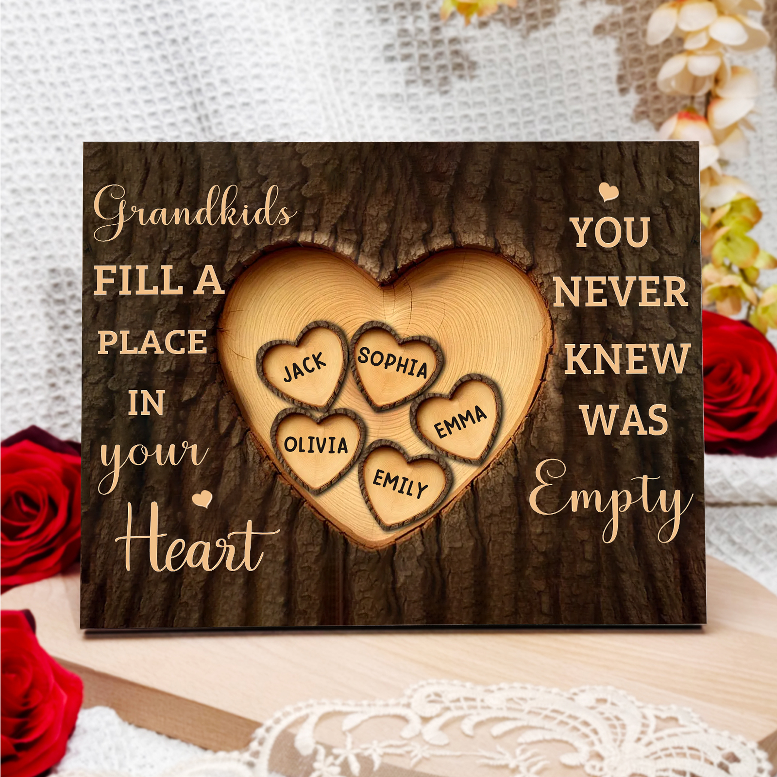 Personalised Wooden Ornament – with Custom 5 Names – "Grandkids Fill a Place in Your Heart" – Unique Gift for Grandma | Jessemade