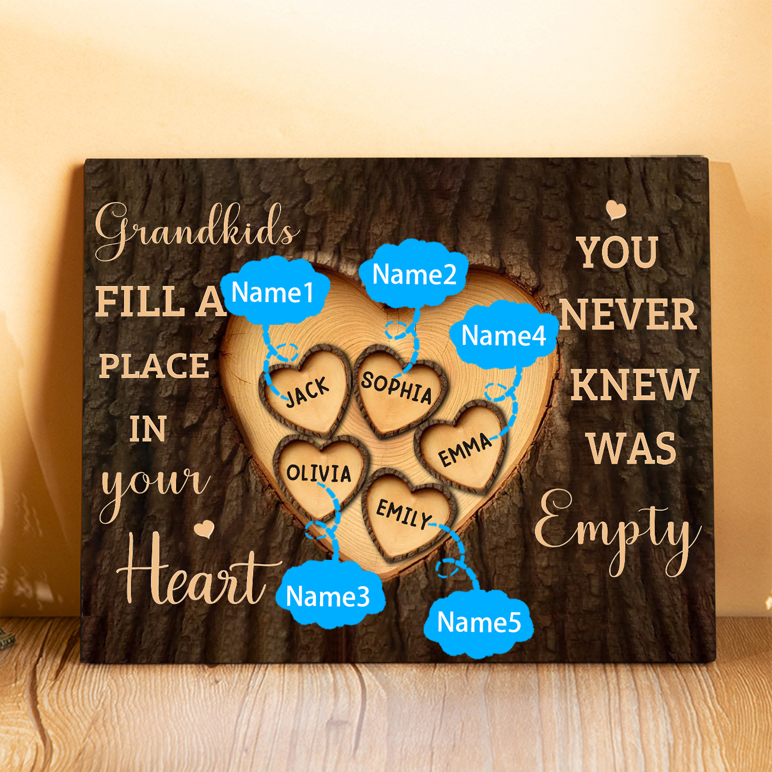 Personalised Wooden Ornament – with Custom 5 Names – "Grandkids Fill a Place in Your Heart" – Unique Gift for Grandma | Jessemade