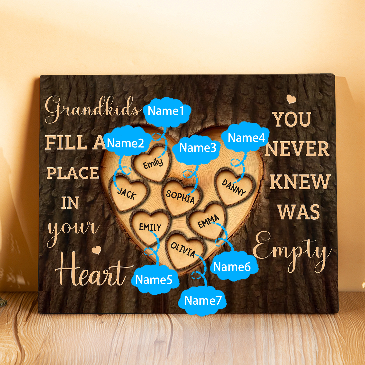 Personalised Wooden Ornament – with Custom 7 Names – "Grandkids Fill a Place in Your Heart" – Unique Gift for Grandma | Jessemade