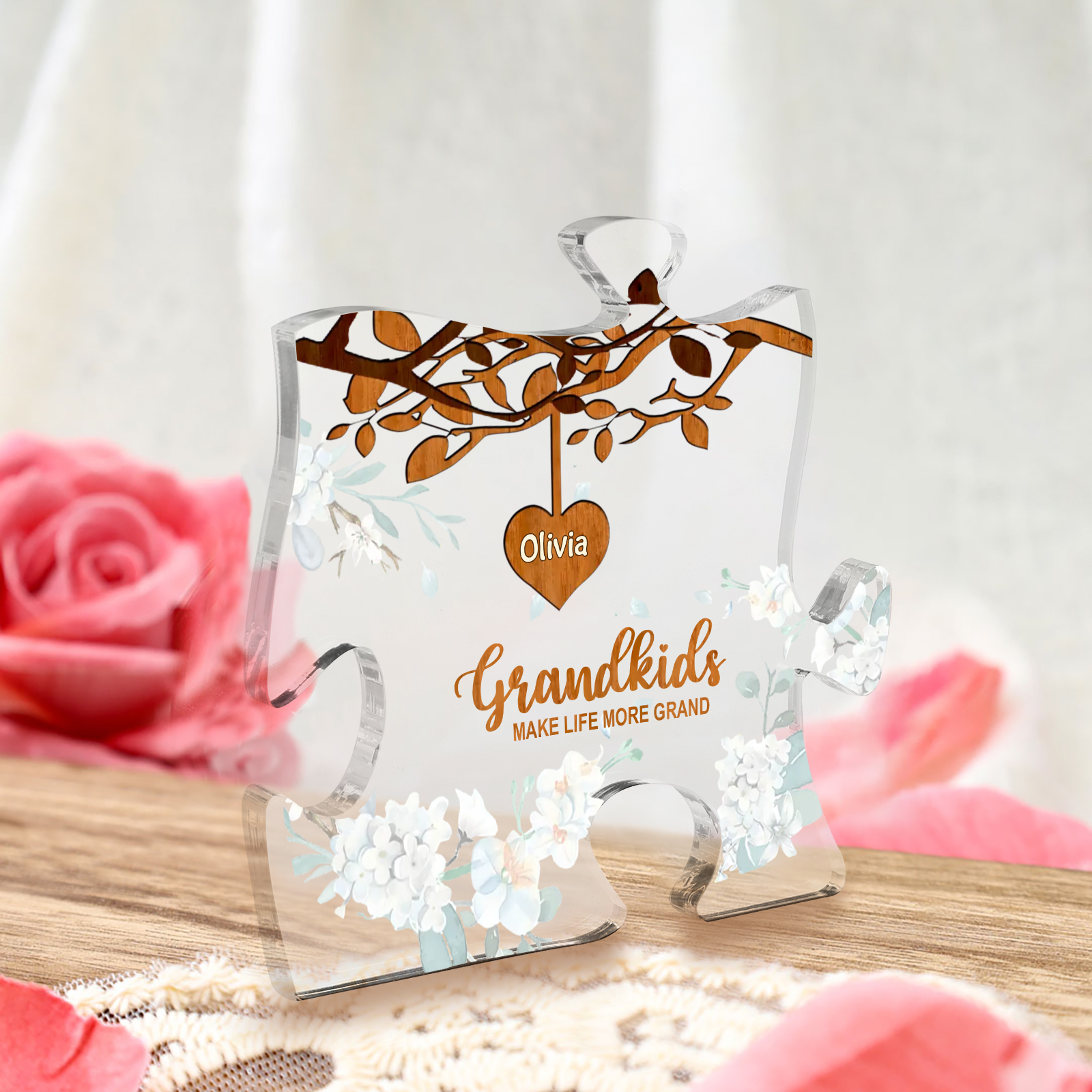 Personalised Acrylic Puzzle Ornament – with Custom 1 Name – "Grandkids Make Life More Grand" – Unique Gift for Grandmother | Jessemade