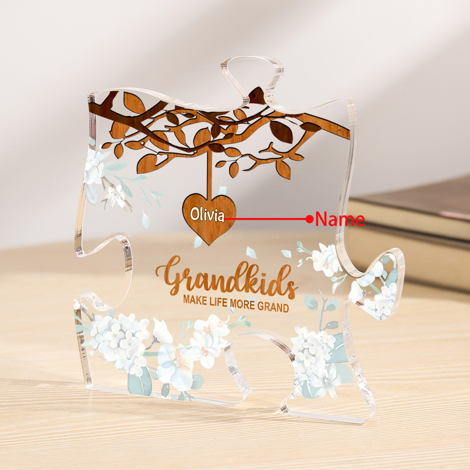 Personalised Acrylic Puzzle Ornament – with Custom 1 Name – "Grandkids Make Life More Grand" – Unique Gift for Grandmother | Jessemade