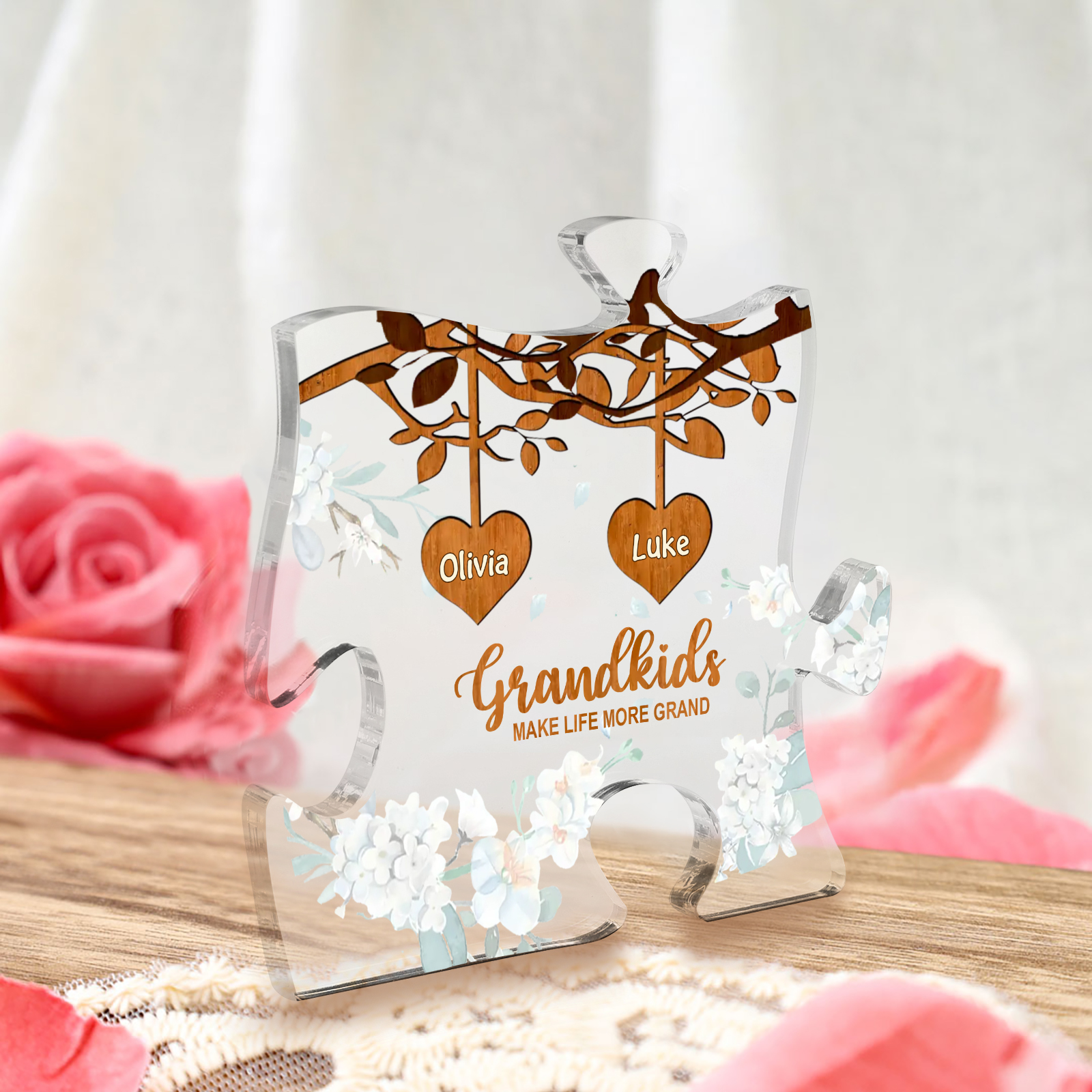 Personalised Acrylic Puzzle Ornament – with Custom 2 Names – "Grandkids Make Life More Grand" – Unique Gift for Grandmother | Jessemade